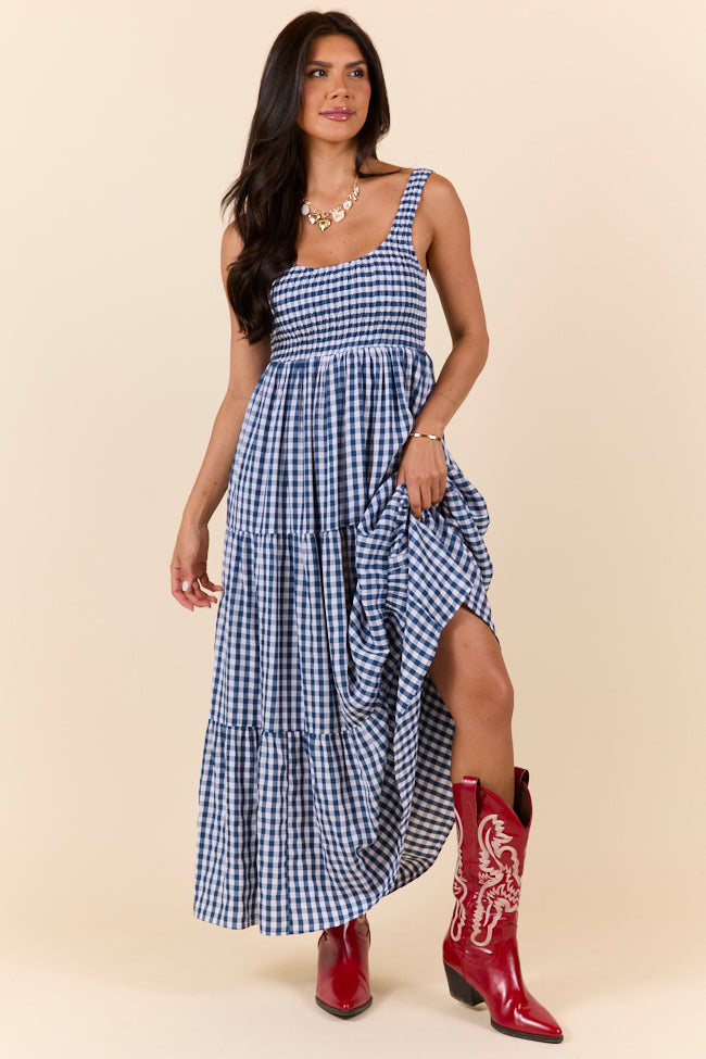 Navy Blue Gingham Maxi Dress for Women - Flowy Summer Beach Dress, Church Outfit & Casual Sundress - FINAL SALE