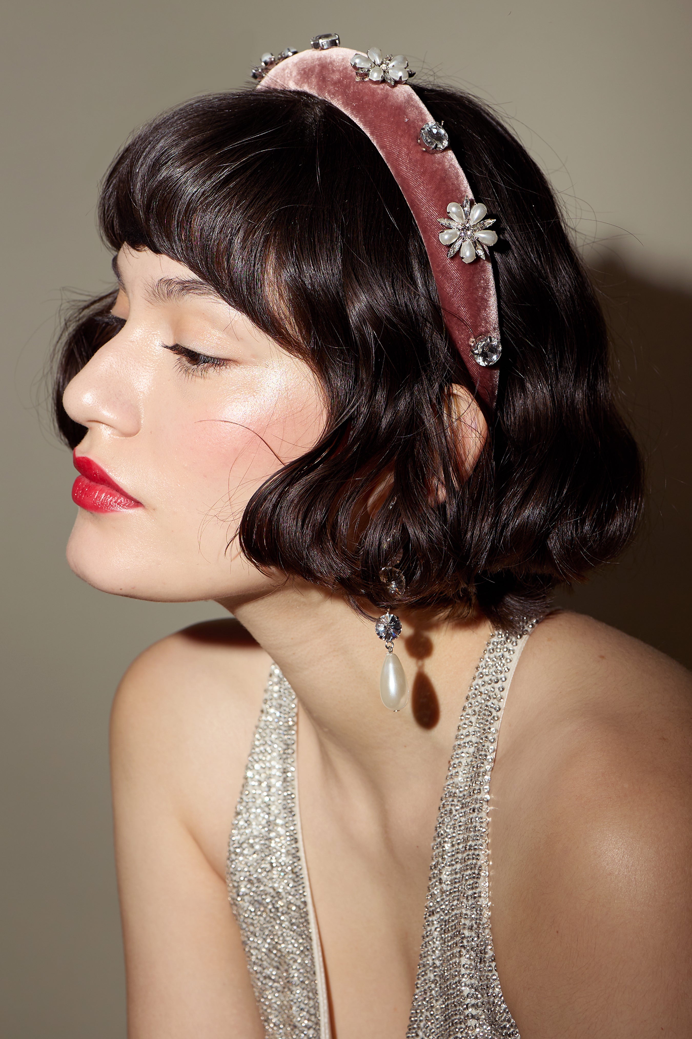 Annie Pearl & Crystal Velvet Padded Headband for Women - Elegant Hair Accessory for Weddings, Parties & Special Occasions