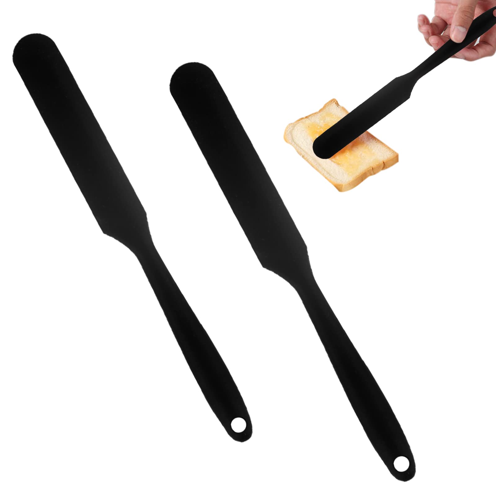 2-Pack Long Handle Silicone Jar Spatulas - Non-Stick Rubber Scrapers for Smoothies, Baking & Cooking - Perfect for Jars, Blenders, Mixing Bowls - Essential Kitchen Utensil for Home Bakers & Cooks (Black)