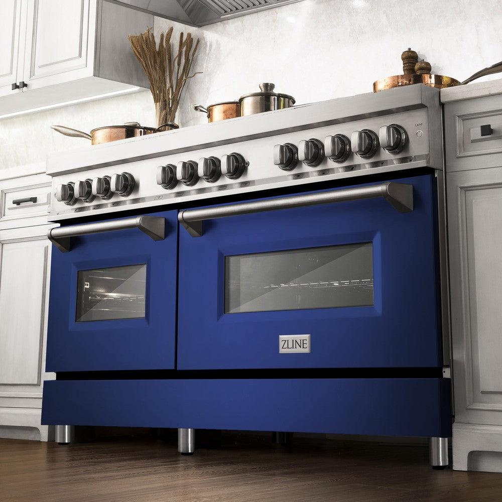ZLINE 60-Inch 7.4 cu.ft Dual Fuel Range with 9-Burner Gas Cooktop & 2 Electric Convection Ovens - Stainless Steel with Blue Matte Doors (RA BM 60) | Professional Kitchen Appliance for Home Chefs & Cooking Enthusiasts