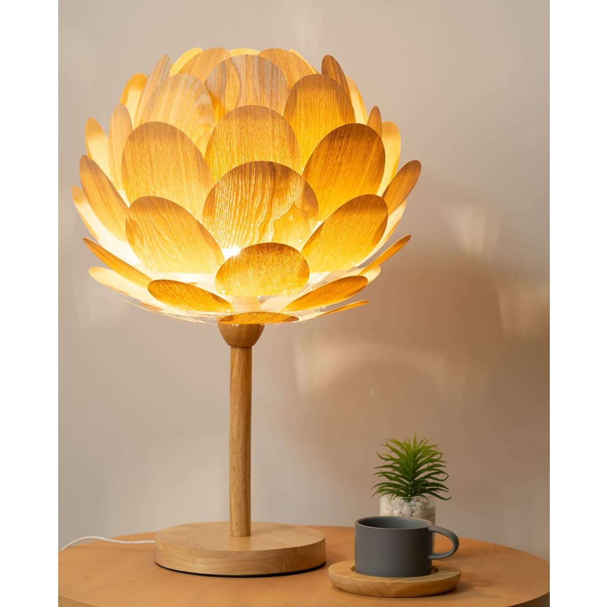 Handmade Japanese Rattan Wood Table Lamp - Bohemian Lotus Flower Bedside Light for Bedroom, Study & Reading | Home Decor with Power Switch Button | Perfect for Cozy Nights & Relaxing Ambiance