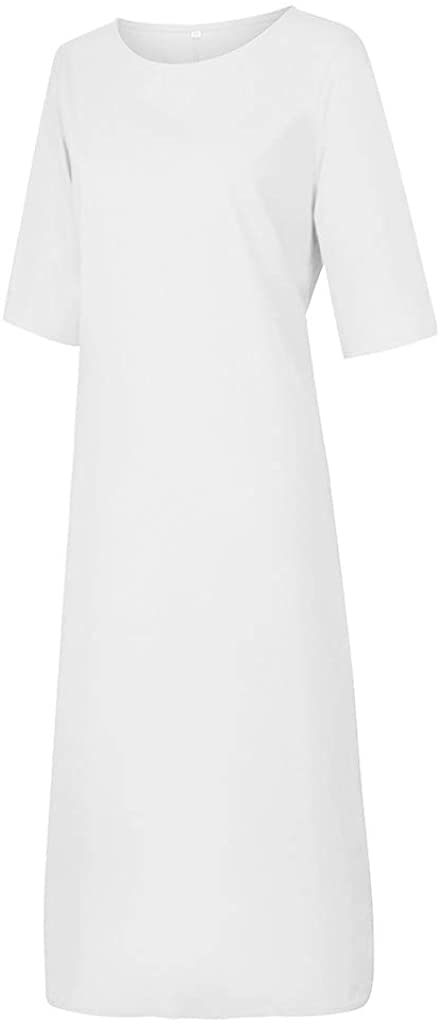 Women's Cotton Linen Maxi Dress - Summer Plus Size Short Sleeve Crew Neck Loose Kaftan Dress with Pockets | Beach Cover Up, Casual Outfit & Vacation Wear