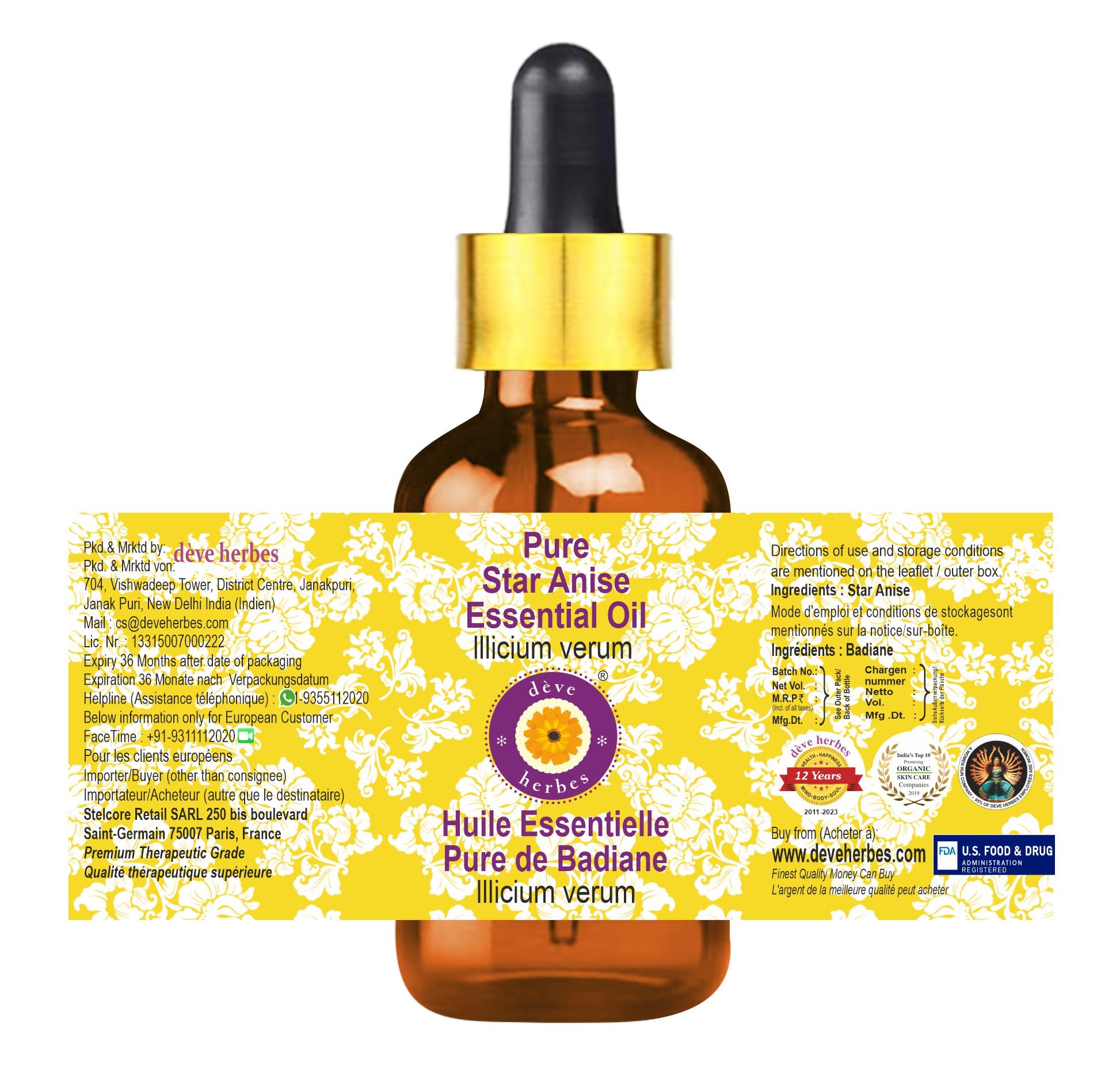 **Pure Star Anise Essential Oil (Illicium Verum) - 10ml Steam Distilled with Glass Dropper - Aromatherapy, Diffuser & DIY Skincare**