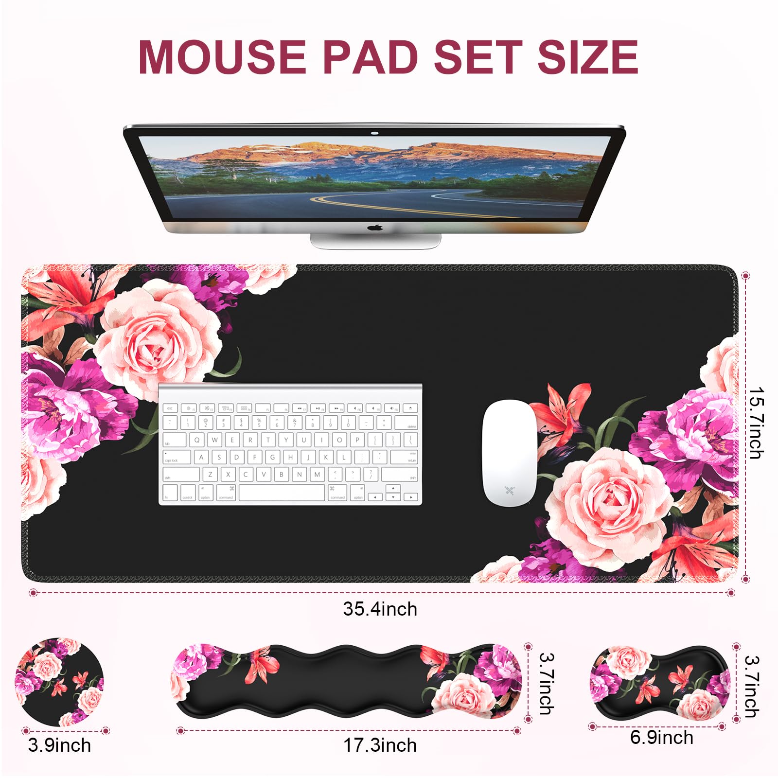 iLeadon Mouse Pad Set - Large Desk Mat with Wrist Support, Non-Slip Base & Stitched Edge | Ergonomic Keyboard & Mouse Pad Combo with Coaster | Perfect for Office Work, Gaming & Home Computer Use | Peony Flower Design