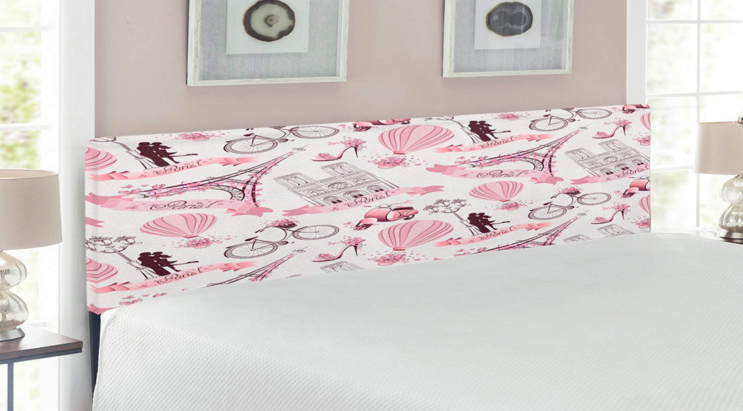 Ambesonne Paris Themed King Size Headboard - Eiffel Tower, Hot Air Balloon & Floral Design Upholstered Metal Bed Frame with Memory Foam | Perfect for Romantic Bedrooms, Honeymoon Suites & Paris-Inspired Home Decor (Pale Pink & White)