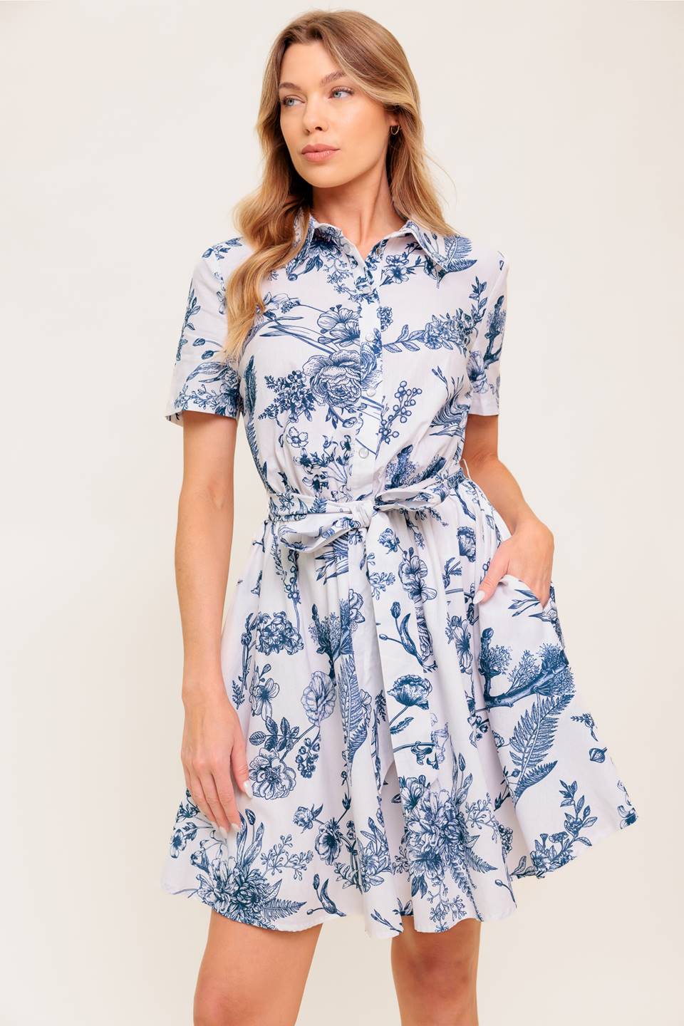 Blue Willow Charm Mini Shirt Dress - Stylish Floral Print Casual Summer Dress for Women | Perfect for Beach, Picnic, and Date Night Outfits