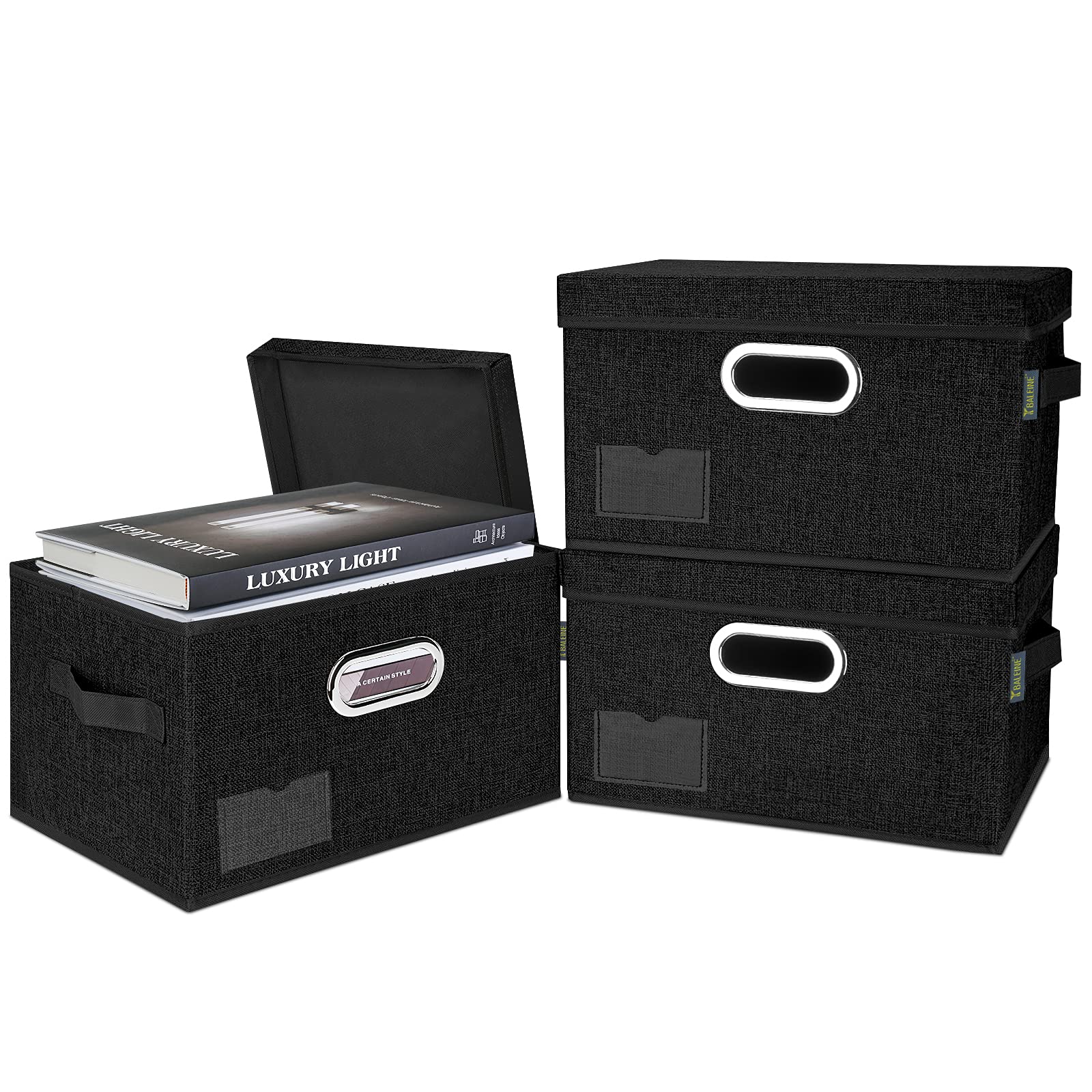 Foldable Fabric Storage Bins with Lids - 3 Pack Collapsible Closet Organizer Boxes for Bedroom, Office & Home Organization | Medium Size Black Linen Containers | Perfect for Seasonal Clothes, Toys & Blanket Storage