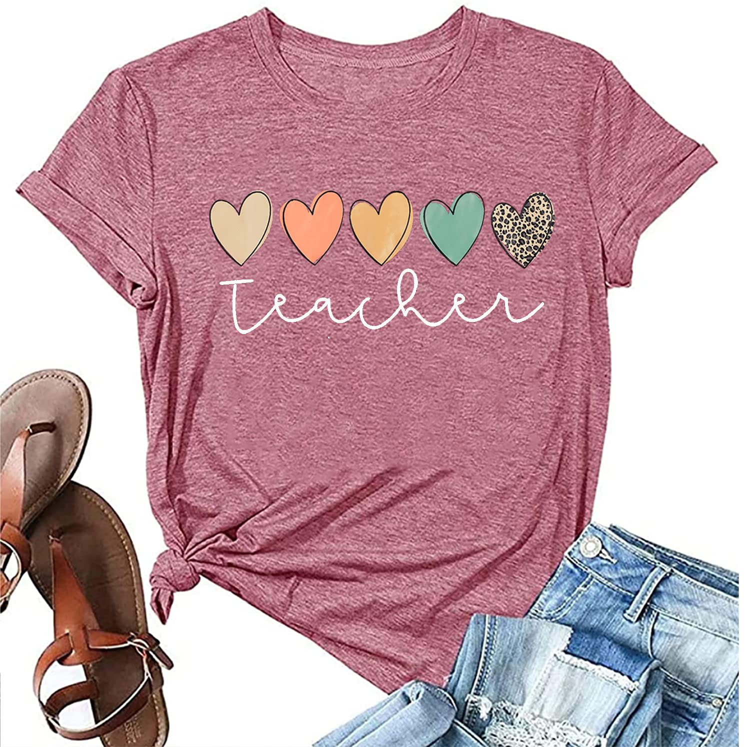 Women's Cute Hearts Graphic Teacher T-Shirt - Boho Style Short Sleeve Casual Summer Top for Educators | Perfect for Classroom, Teacher Appreciation Week & Back to School
