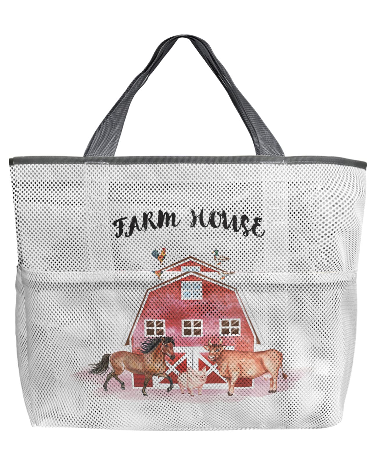 Farmhouse Red Barn Mesh Beach Tote Bag - 60L Oversized Quick-Dry Swim Bag with Pockets | Lightweight Foldable Storage Net for Pool, Beach & Grocery Shopping | Farm Animal Toy Tote (24