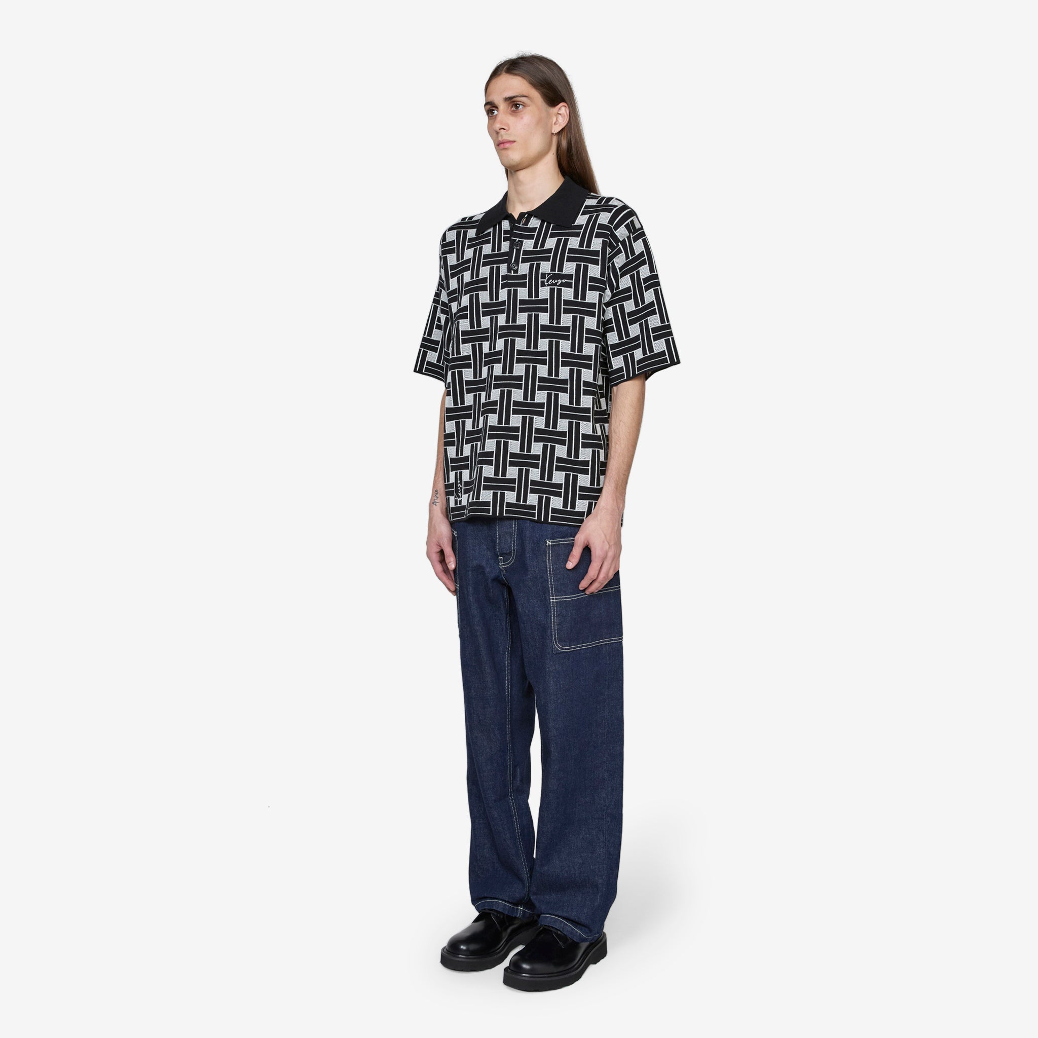 KENZO Weave Embroidered Polo Shirt for Men - Black Cotton Casual Wear for Office & Weekend Outings