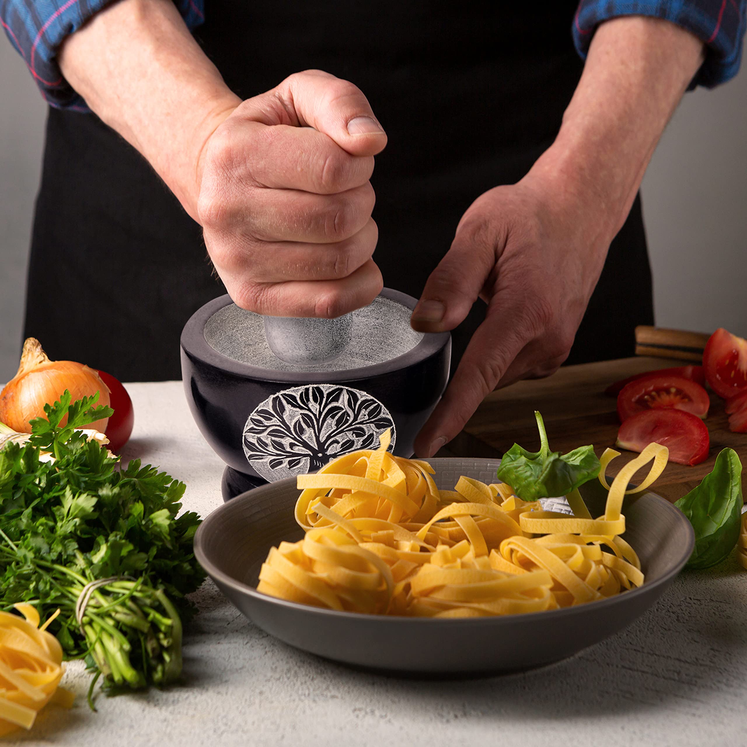 Premium Mortar and Pestle Set - Heavy Duty Polished Natural Stone Spice Grinder for Herbs, Seasonings, Pastes & More (Tree of Life Design) - Perfect for Kitchen, Apothecary & Ayurvedic Cooking