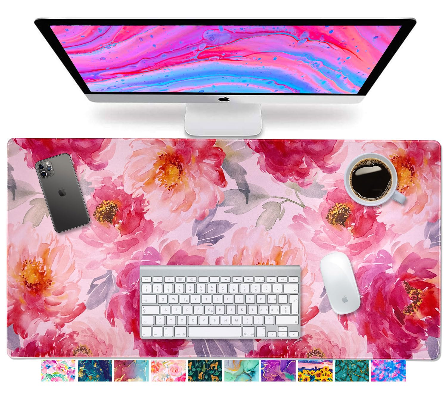 French KOKO Large Gaming Mouse Pad - XL Extended Desk Mat with Pink Flowers for Keyboard & Mouse - Cute Office Decor for Women & Girls - Perfect for Work, Home, College Essentials & Computer Accessories
