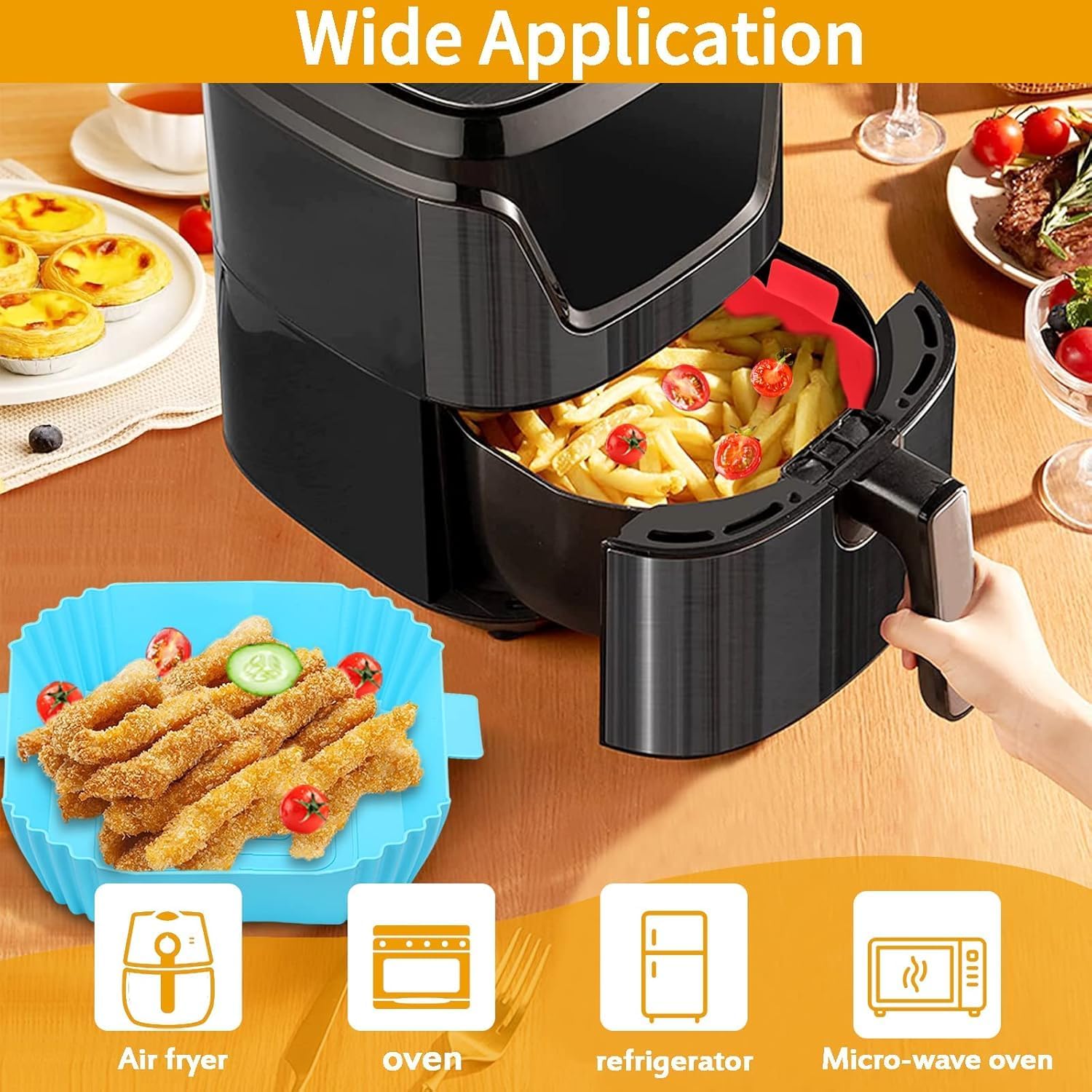 DRURI Reusable Non-Stick Silicone Air Fryer Liners with Handles - Square Food Grade Silicone Basket for Air Fryer Oven - Perfect for Cooking French Fries, Chicken Wings & Vegetables
