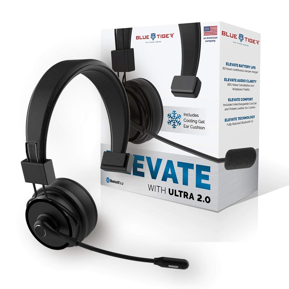 Blue Tiger Elite Ultra 2.0 Wireless Bluetooth Headset - Professional One-Ear Trucker Headset with Microphone, Bluetooth 5.2 Technology - 60 Hours Talk Time & 1200 Hours Standby - Perfect for Truck Drivers, Call Centers & Office Professionals