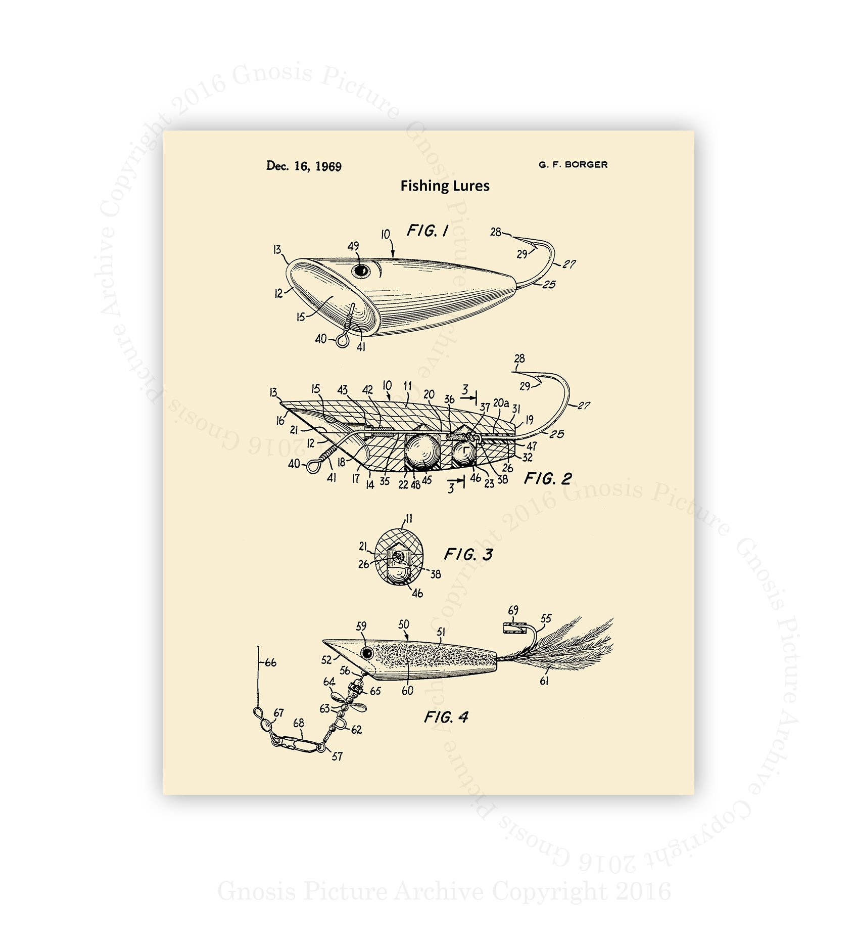 Fishing Wall Art Decor - Set of 6 Unframed Lure & Reel Prints in Cream Beige - Perfect Gift for Anglers & Dad - Ideal for Man Cave, Office, or Cabin Decor