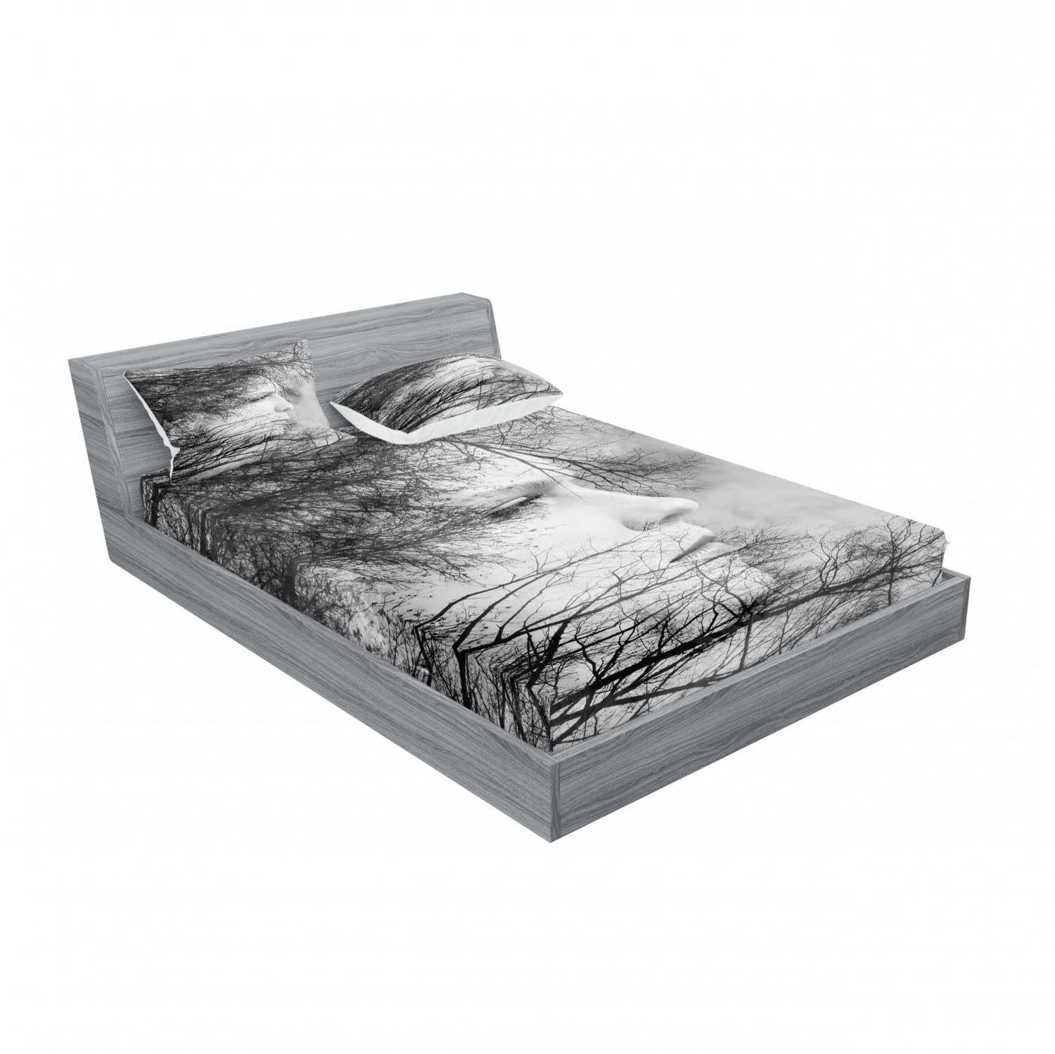 Ambesonne 2-Pack Queen Size Fitted Sheet & Pillow Sham Set - Black and White Woman & Trees Design - 4 Piece Bedding Set (2 Fitted Sheets + 4 Pillow Covers) - Soft & Breathable for Bedroom Decor - Perfect for Guest Rooms, Dorms & Cozy Home Styling
