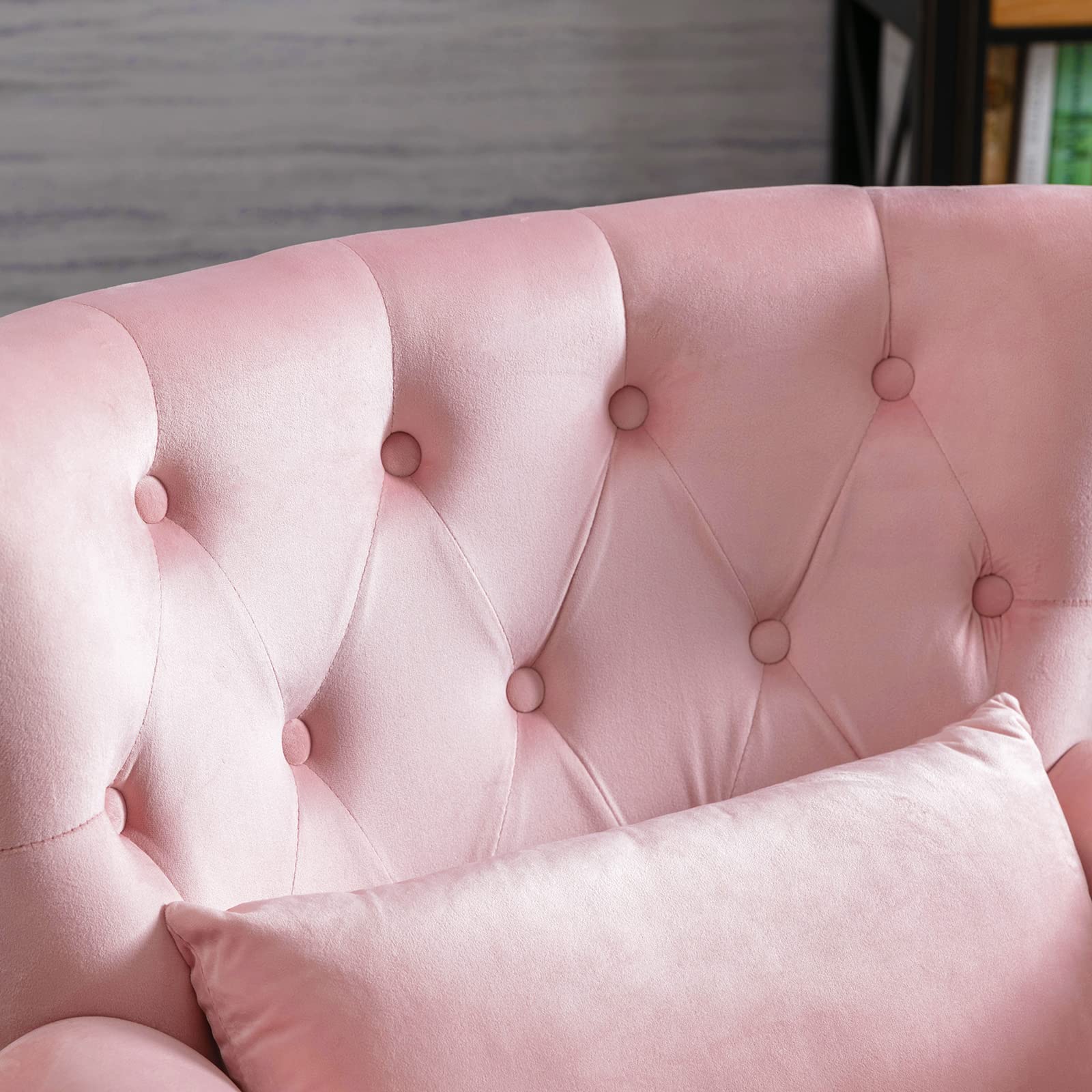Mid-Century Modern Accent Reading Arm Chair - Velvet Pink Wingback Club Chair with Button Tufted Back & Lumbar Pillow - Comfy Corner Sofa for Living Room, Bedroom, Office Waiting Area - Perfect for Relaxing, Reading & Lounge Spaces
