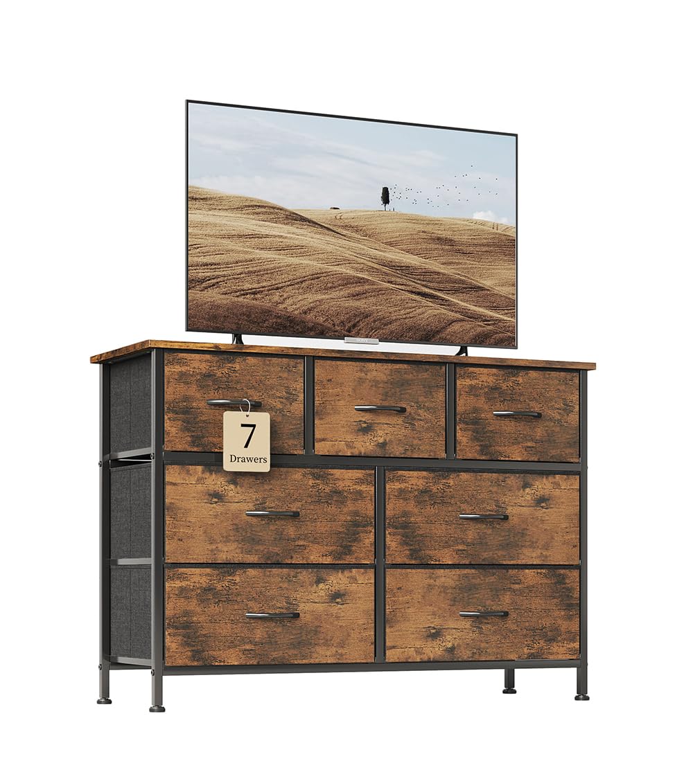 7-Drawer Rustic Brown Dresser with Wooden Top - Tall Fabric Storage Chest for Bedroom, Living Room, TV Stand, Closet & Entryway | Space-Saving Organizer for Clothes, Linens & Home Decor