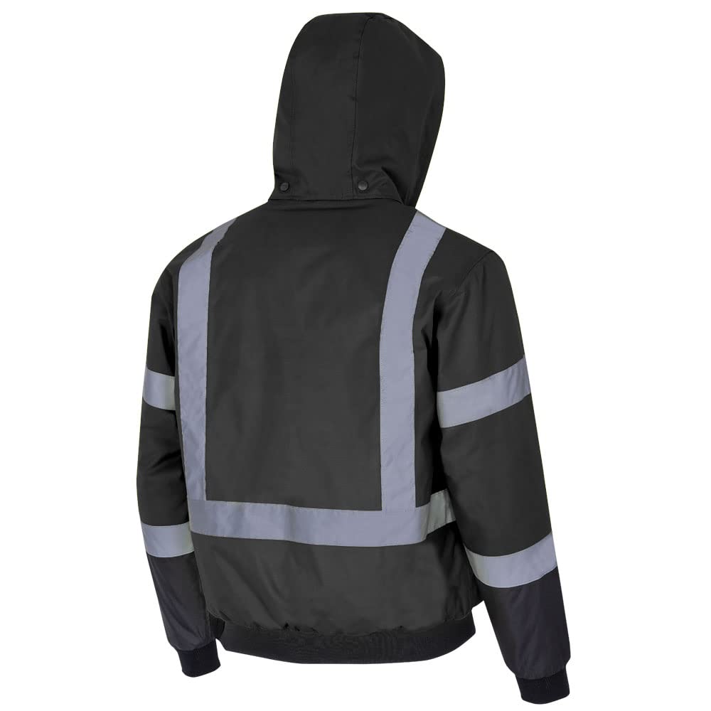 Pioneer Hi-Vis Waterproof Heated Safety Bomber Jacket for Men - Class 1 Winter Rain Gear with Reflective Tape & Detachable Hood - Ideal for Construction, Road Work & Outdoor Winter Activities