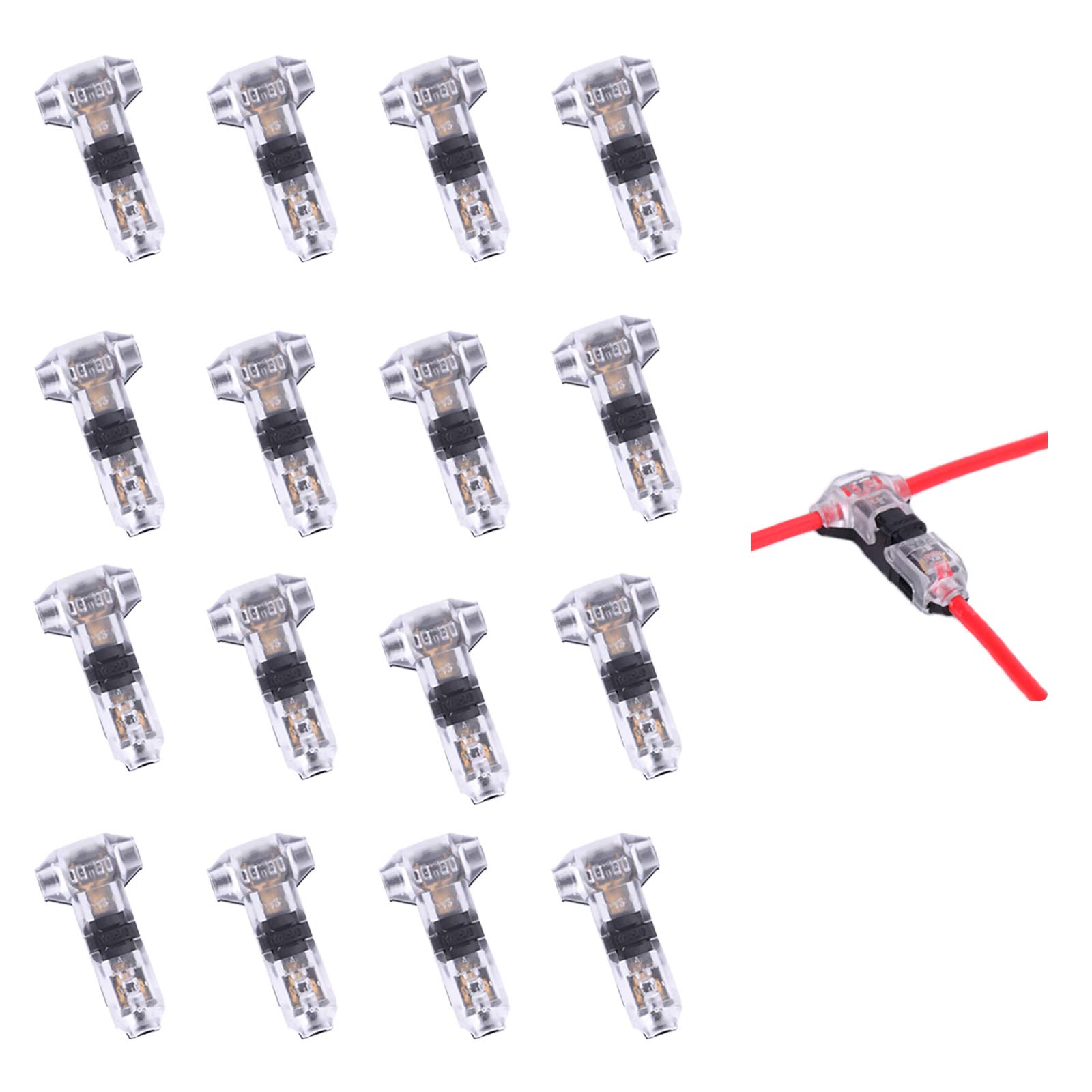 Low Voltage Wire Connectors - Solderless 3 Way 1 Pin T Tap Connectors for 24-20 Gauge Wires (16 Pack) - No Stripping Required, Easy Installation for Automotive, Home & DIY Electrical Projects