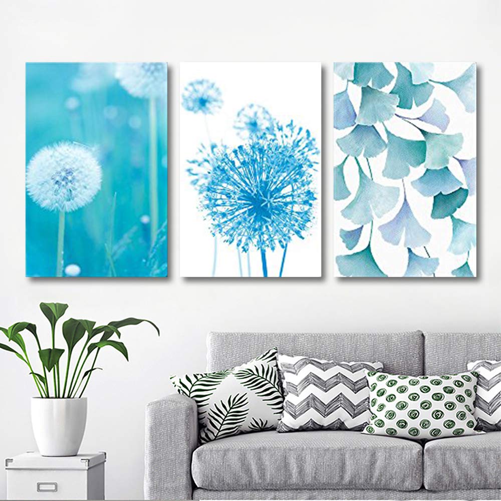 3 Panel Blue Dandelion & Ginkgo Leaves Canvas Wall Art - Modern Giclee Print Gallery Wrap Ready to Hang - 24x36 Inches Triptych for Living Room, Bedroom & Office Decor