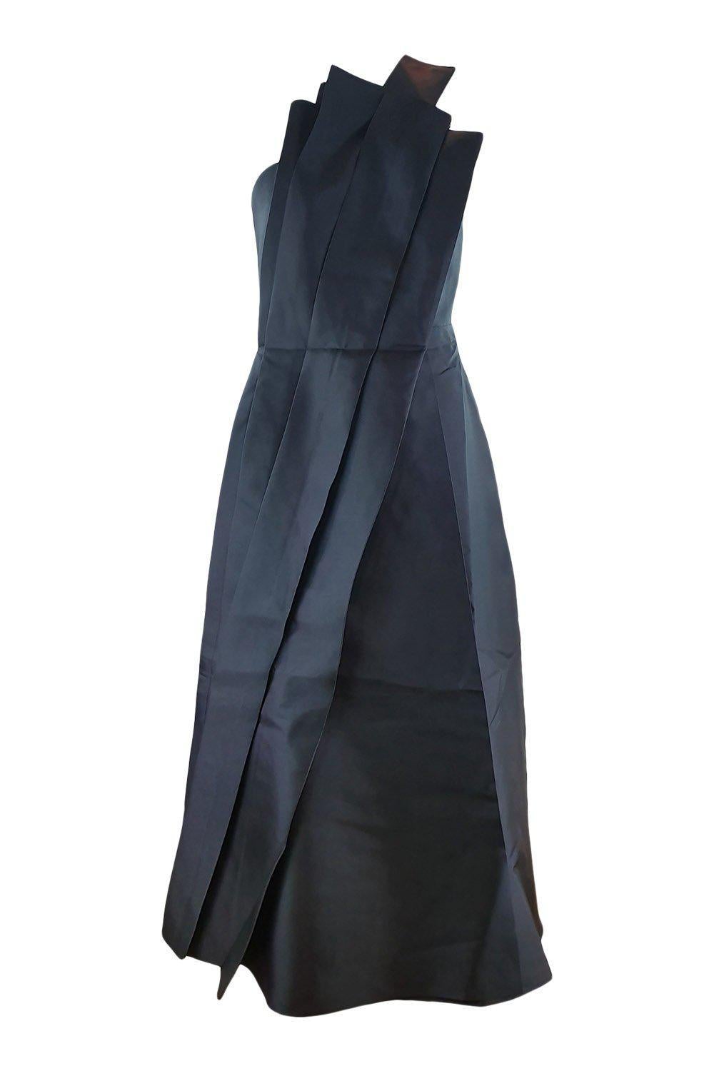 EDIT Architectural Pleated Black Satin Maxi Dress for Women - Elegant Formal Evening Gown, Wedding Guest Dress & Special Occasion Outfit (Size M)