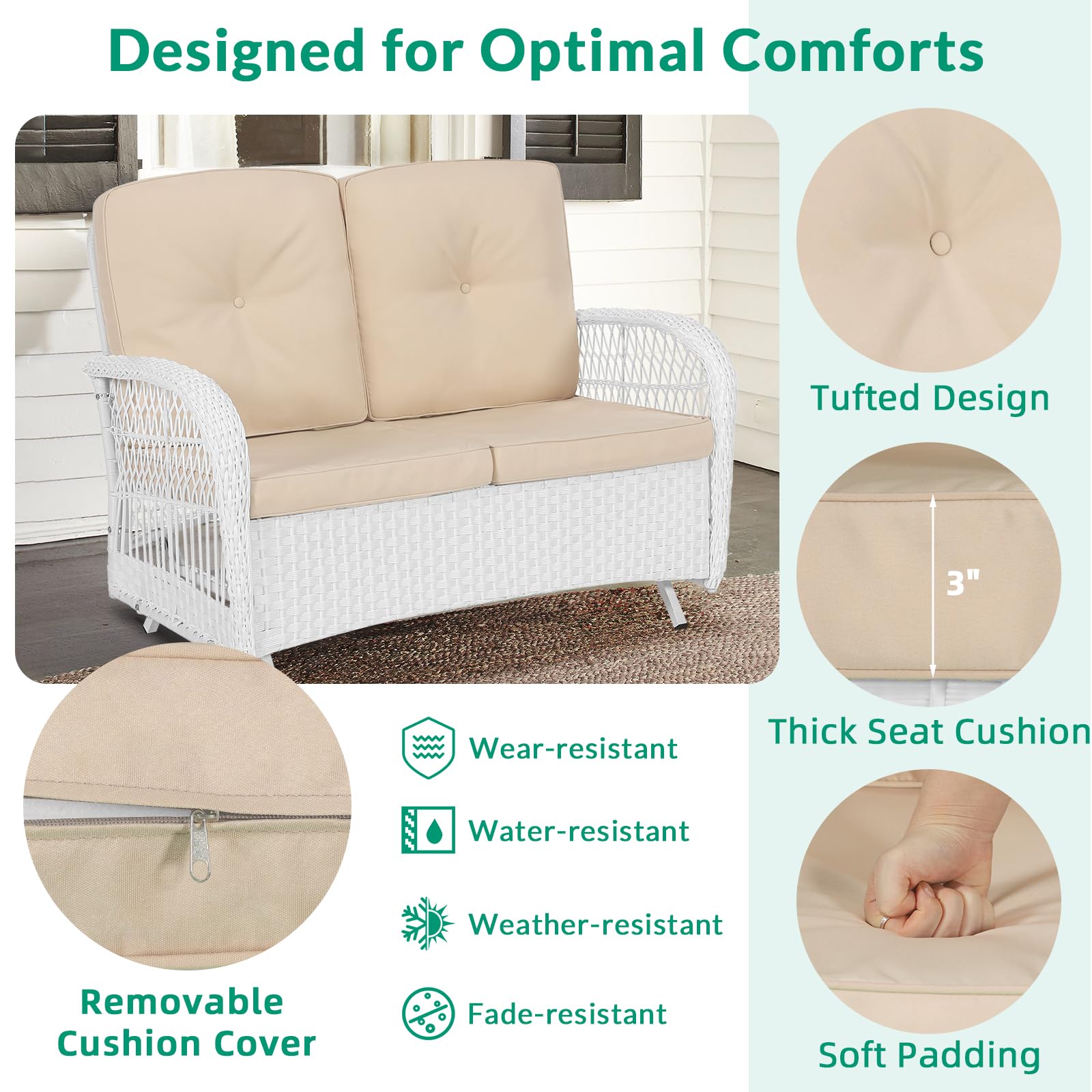 VIVIJASON 2-Piece White Wicker Loveseat Glider Set with Cushions - Outdoor Patio Conversation Furniture with 2-Seater Rocking Bench & Coffee Table - Perfect for Porch, Garden, Poolside, and Backyard Relaxation - Beige