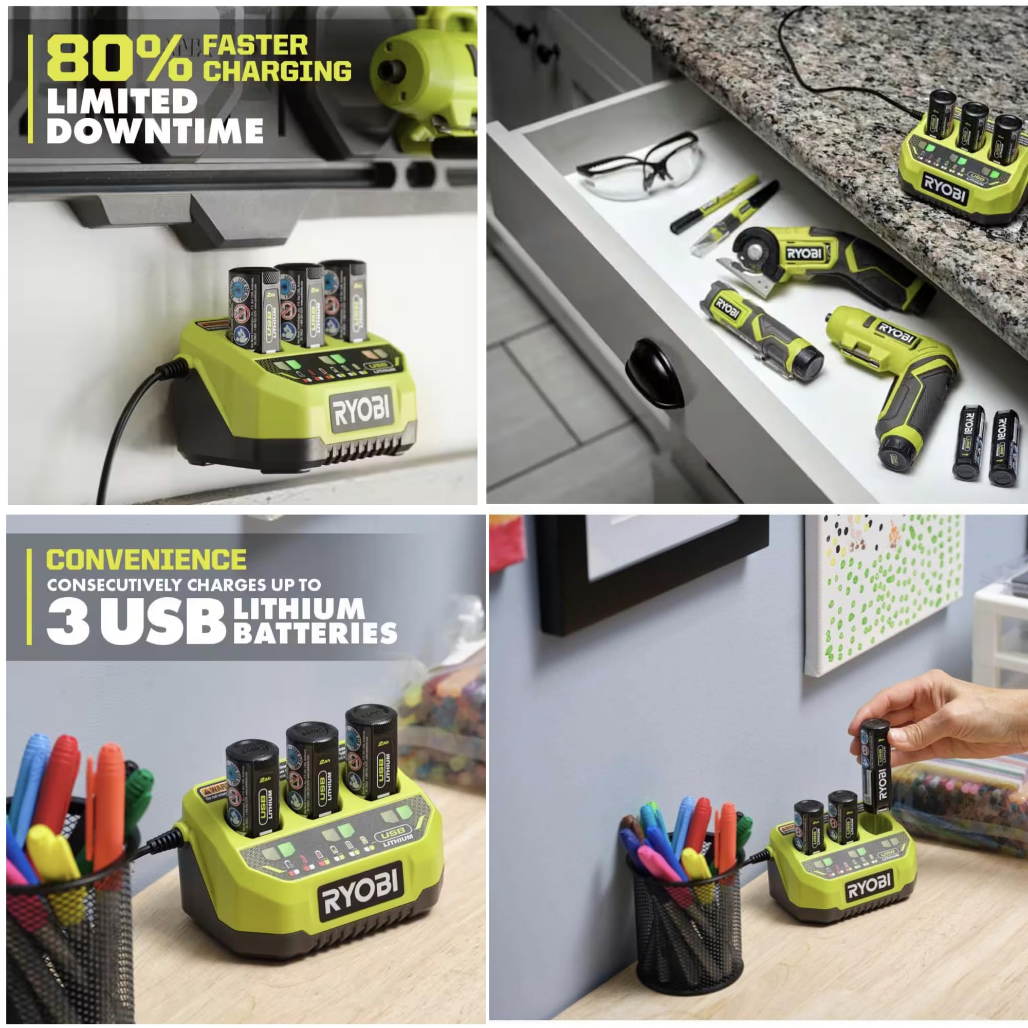 Ryobi 3-Port Battery Charger Bundle with Tool Bag - Includes 2 USB Lithium 4V Batteries - Fast Charging for Multiple Devices - Perfect for DIY Projects, Home Repairs & Power Tool Maintenance