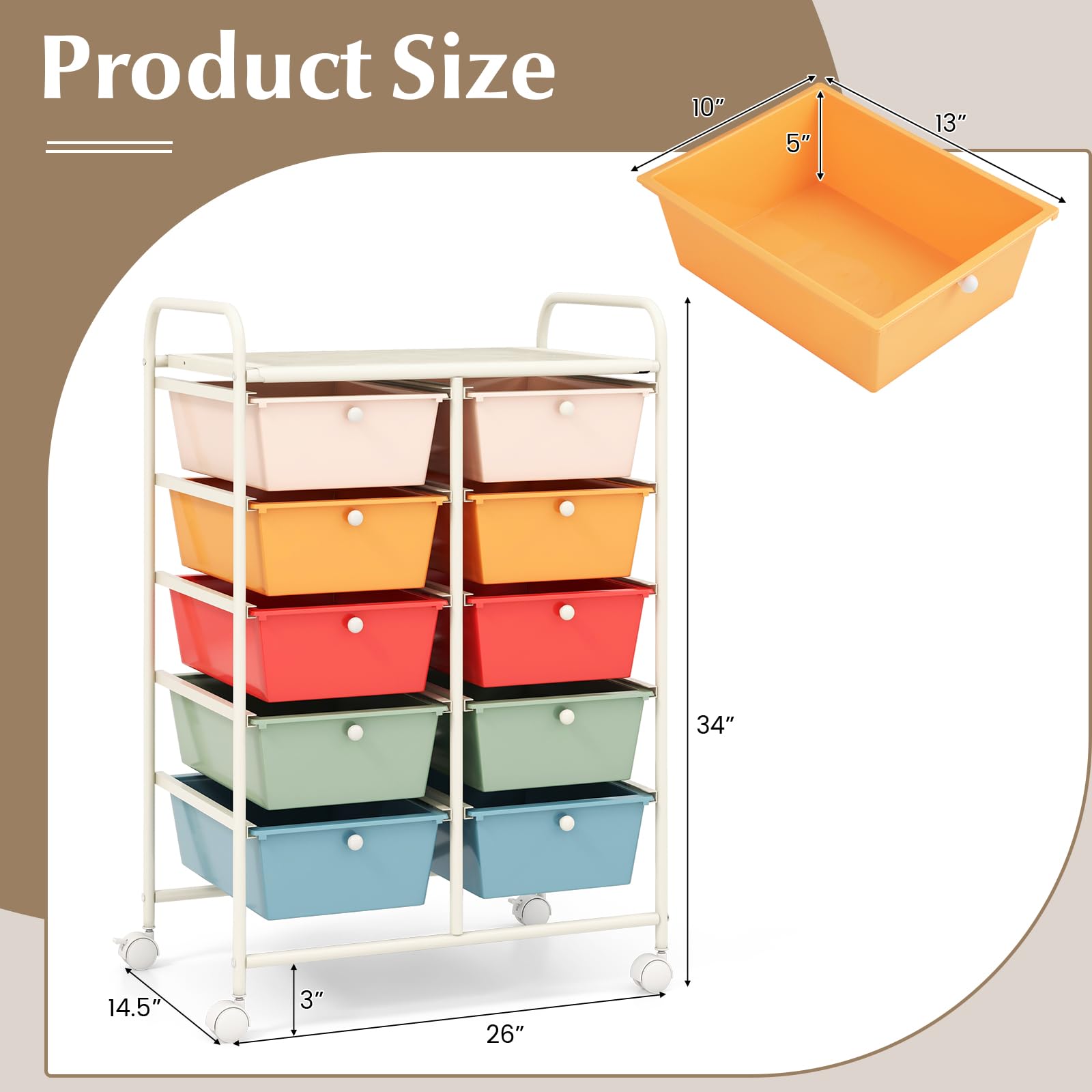 Byroce 10-Drawer Rolling Cart with Wheels - Multipurpose Craft Storage Organizer for Art Supplies, Tools, Paper - Perfect for School, Teacher, Home & Office Organization (Macaroon) - Ideal for Classroom Supplies, Craft Room Storage & Office Organization