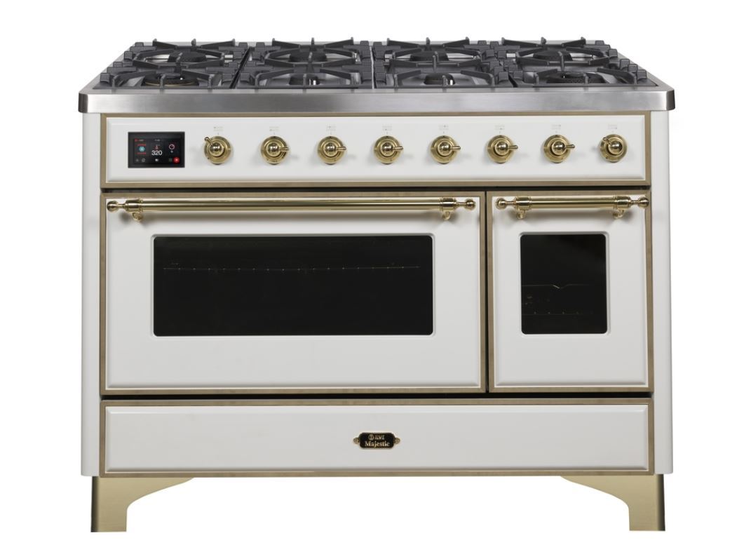 ILVE 48 Inch Majestic II Series Freestanding Dual Fuel Double Oven Range with 8 Sealed Burners, Triple Glass Cool Door & Convection Oven - Professional Gas Range for Home Kitchen, Restaurant & Catering (UM12FDNS)