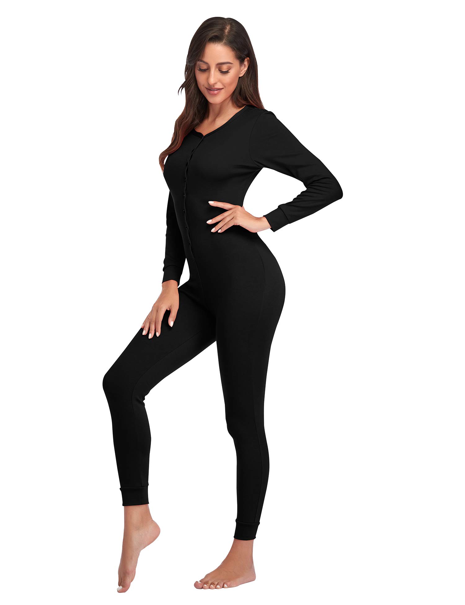 COLORFULLEAF Women's Cotton Onesie Pajamas - Soft Thermal Underwear Union Suit with Henley Neck for Sleepwear & Lounge Wear | Perfect for Winter Nights, Home Relaxing and Cozy Outfits