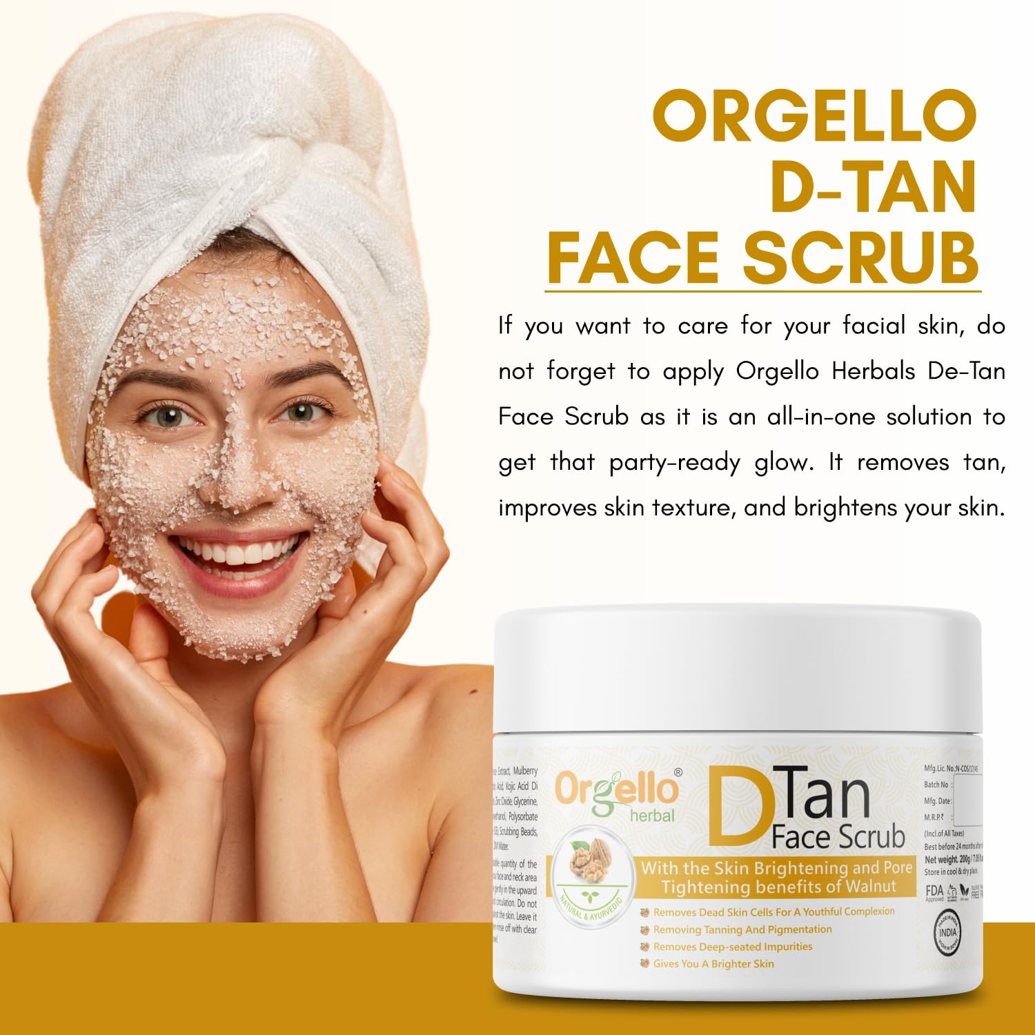 Orgello D-Tan Face Scrub for Men & Women - Natural Tan Removal & Pigmentation Treatment for Oily & Dry Skin | 200g Facial Exfoliator | Perfect for Daily Skincare Routine & Sun-Damaged Skin Repair