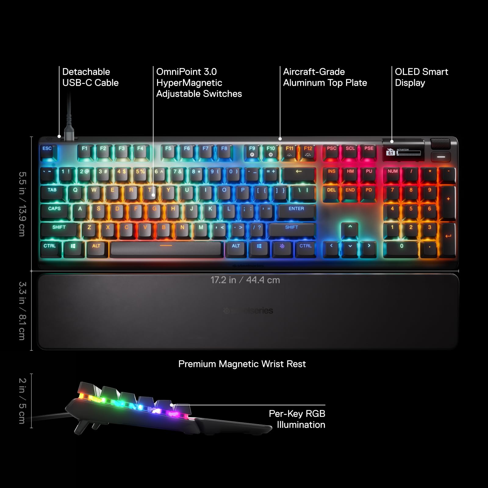 SteelSeries Apex Pro Gen 3 Gaming Keyboard with OmniPoint 3.0 HyperMagnetic Switches - Adjustable Actuation & Rapid Trigger - RGB Backlit, PBT Keycaps, OLED Display - Perfect for FPS, MOBA & Esports Gaming