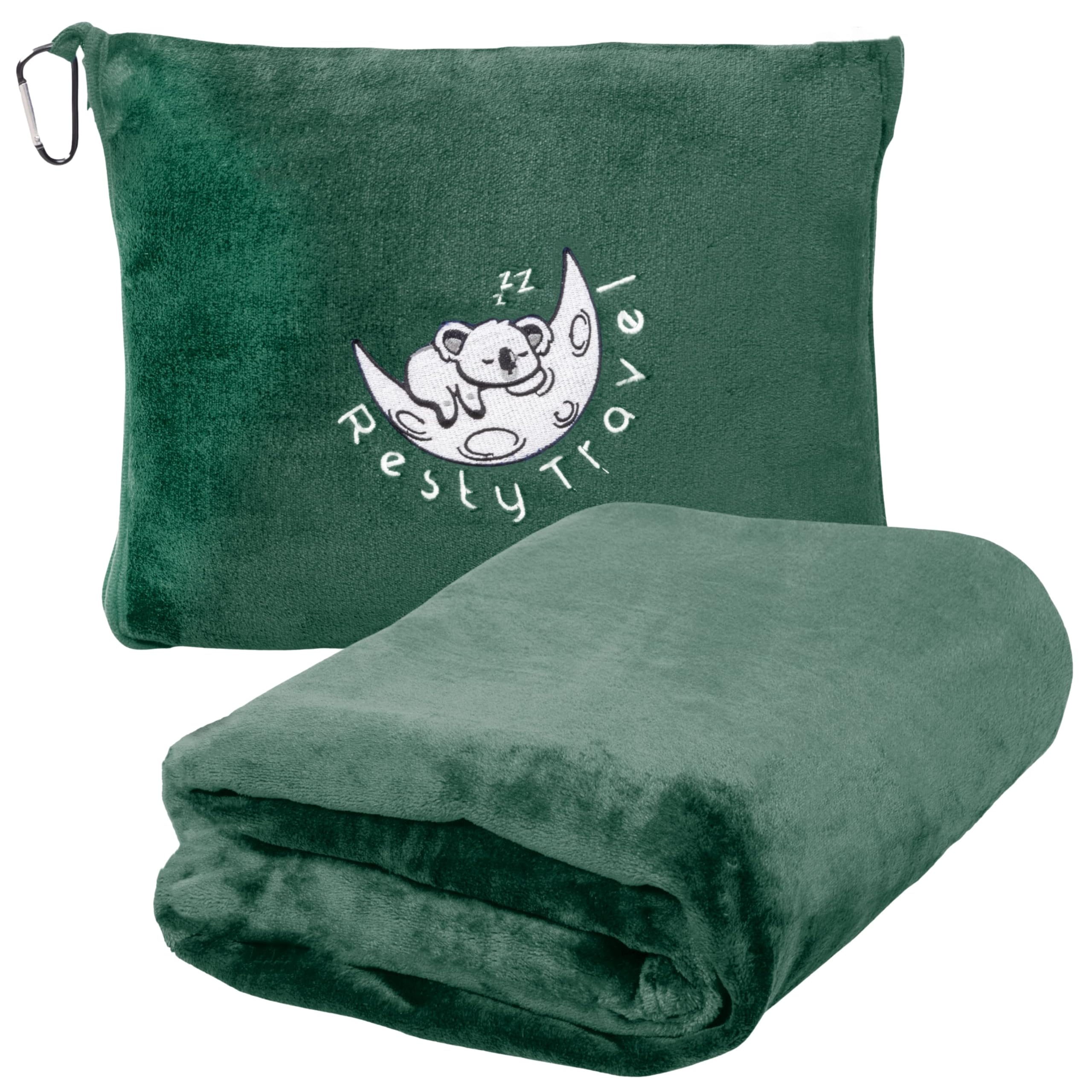 Resty Travel Blanket - Compact & Lightweight Airplane Blanket with Carry Bag | Portable Travel Pillow & Blanket Set with Carabiner Clip | Perfect for Plane, Train, Car & Camping Trips (Forest Green)