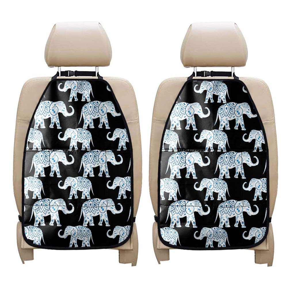 JEOCODY African Tribal Elephant 2-Piece Car Seat Back Organizer with Multi-Pockets & Phone Holder - Durable Auto Back Seat Protector & Kick Mats for Kids - Perfect for Road Trips, Family Travel & Daily Commute