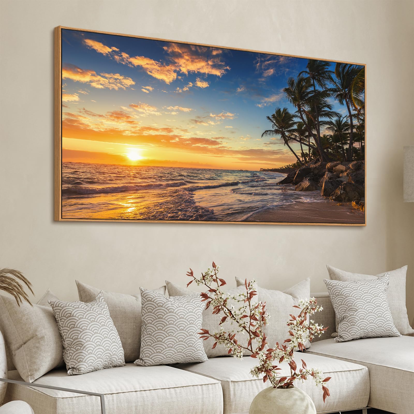 Tropical Sunset Beach Wall Art - Framed Coastal Ocean Waves Painting with Coconut Trees | 29x58 Inch Canvas Print for Home & Office Decor | Perfect for Living Room, Bedroom or Beach House