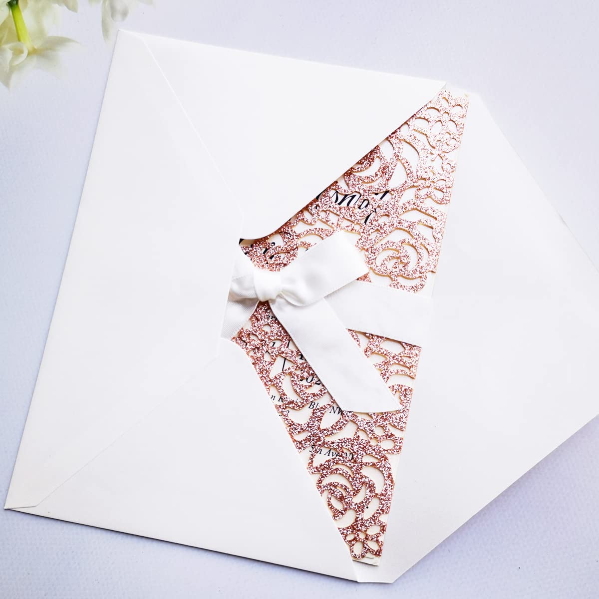 50PCS 5x7.28 Inch Laser Cut Wedding Invitation Cards - Elegant Hollow Rose Design with Ivory Ribbons, Blank Rose Gold Glitter for Bridal Shower, Engagement, Birthday & Graduation | Perfect for DIY Invitations, Party Decorations and Special Events