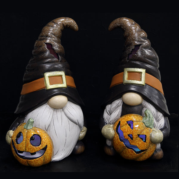 11.5 Inch Battery Operated Halloween Gnomes with Jack O' Lantern - Set of 2 (Black & Orange) for Indoor/Outdoor Halloween Decorations & Party Decor