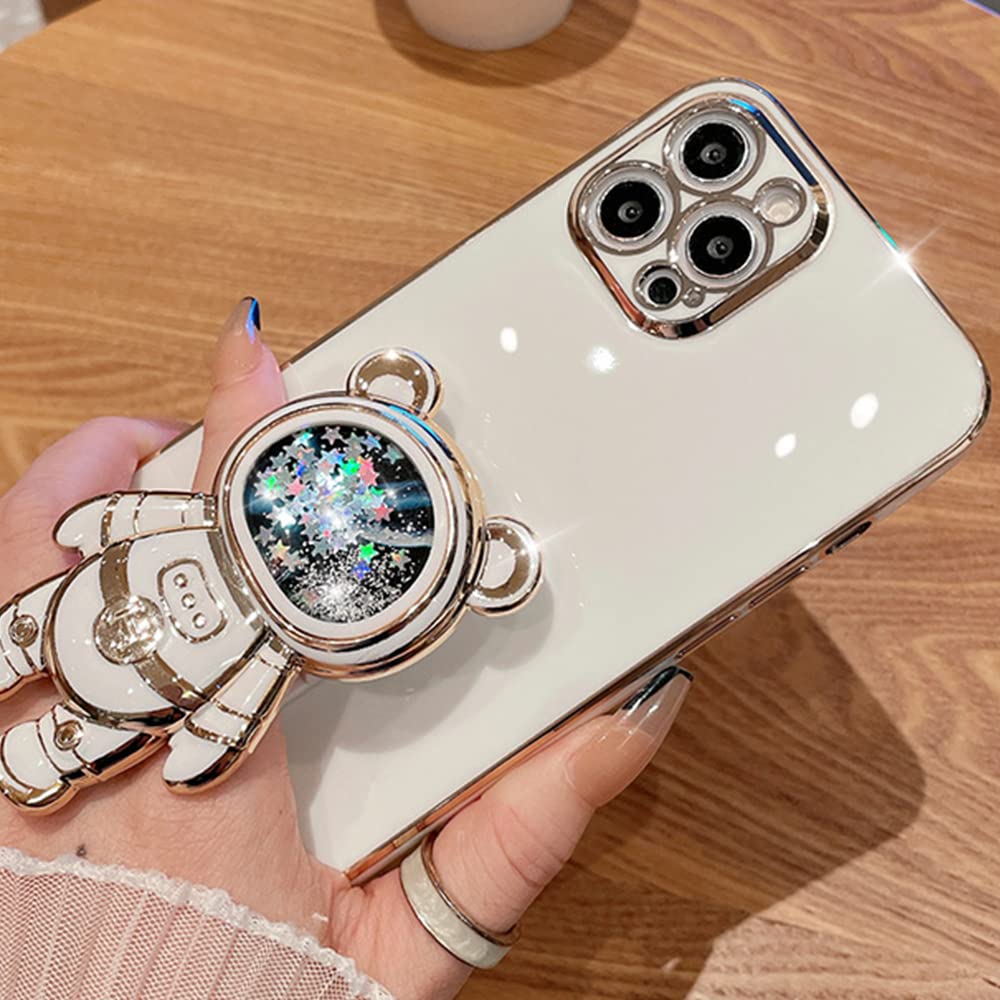Shockproof Glitter Liquid Quicksand iPhone 12 Case with Kickstand - Cute Astronaut Design, Sparkle Bling Electroplated Cover for Women & Girls | Perfect for Daily Use, Travel, and Gift Giving