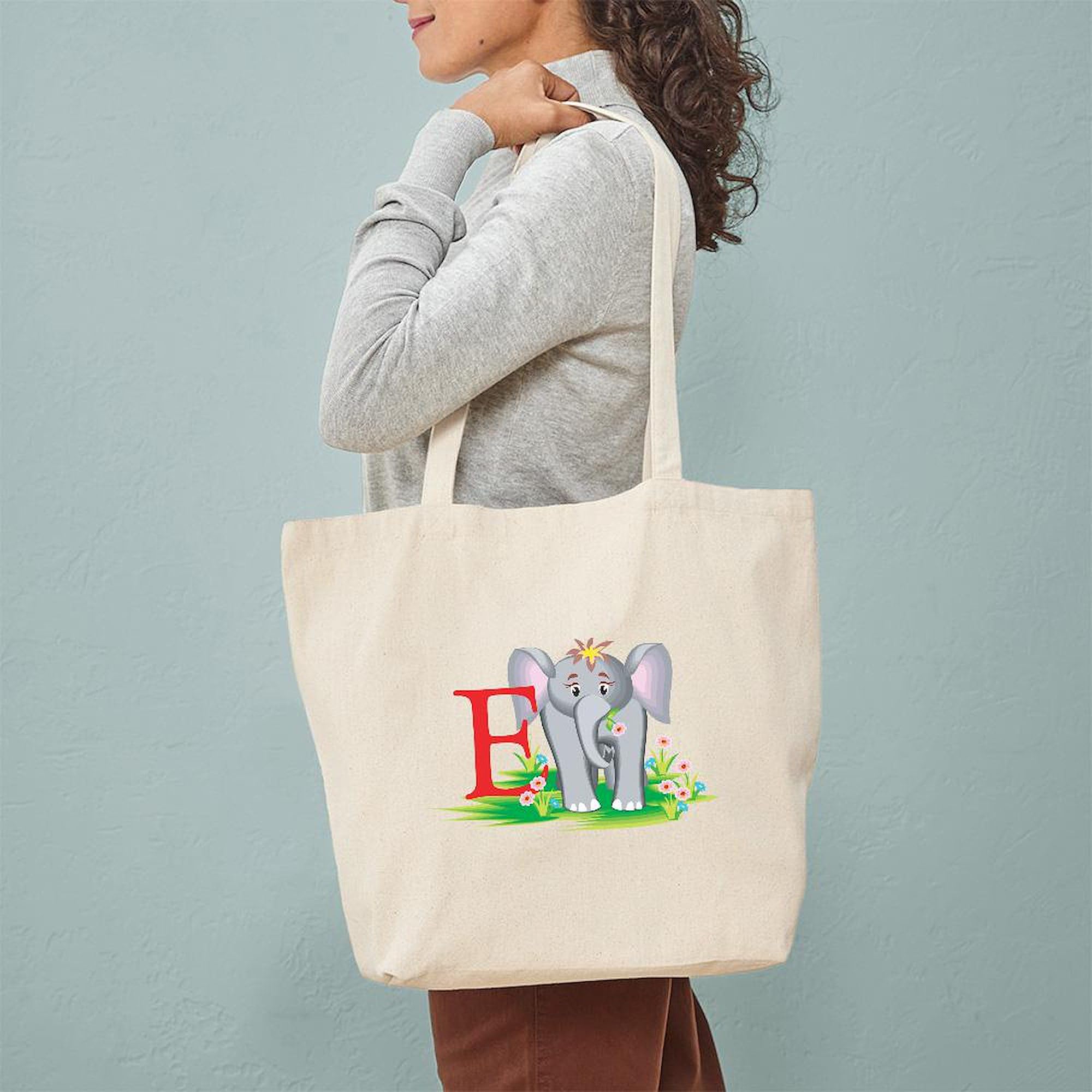 E For Elephant Tote Bag - Natural Canvas Reusable Shopping Bag for Groceries, Beach & Daily Use | Eco-Friendly Cotton Tote by CafePress