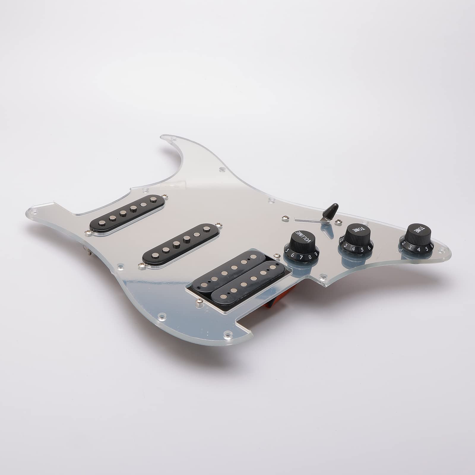 11 Hole Loaded Guitar Pickguard SSH with Black Humbucker Pickup - Prewired Scratch Plate Set for Fender Stratocaster (1 Ply Mirror Silver) - Includes Guitar Strings & Installation Tools - Perfect for Electric Guitar Upgrades & DIY Repairs