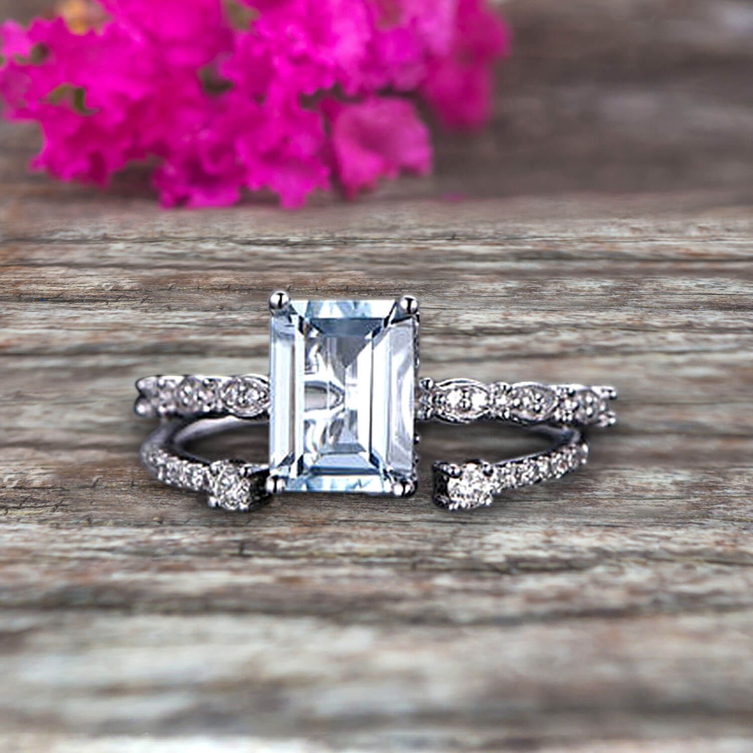 1.50 Carat Emerald Cut 10k White Gold Aquamarine Engagement Ring & Wedding Band Set - Perfect for Proposals, Anniversaries & Bridal Jewelry Gifts