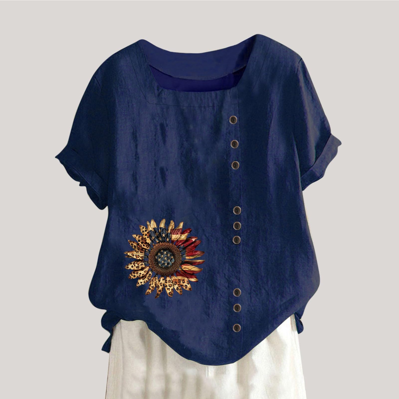 Women's Cotton Linen Top - American Flag Sunflower Shirt for Summer & 4th of July Outfits