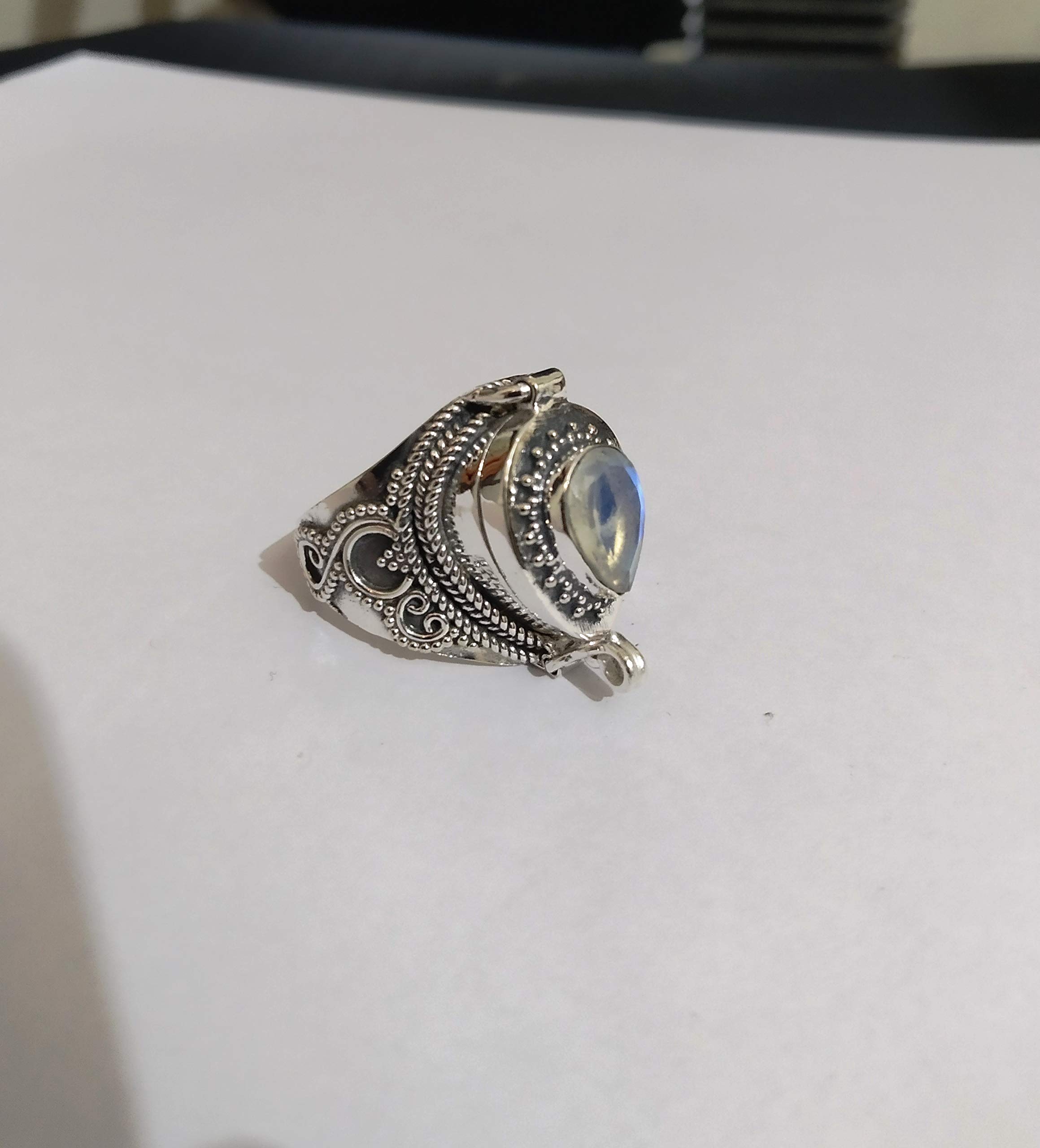 Rainbow Moonstone Poison Ring - 925 Sterling Silver Handmade Secret Box Ring with Openable Compartment | Unique Mother's Day Gift, Medicine Ring for Women | Perfect for Gothic Fashion, Witchy Aesthetic & Vintage Jewelry Lovers