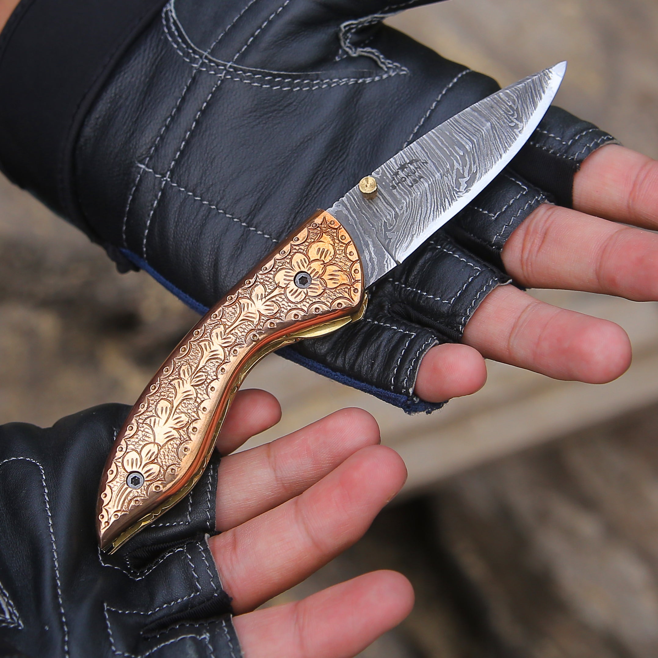 Premium Damascus Steel Pocket Knife - Handcrafted Engraved Copper Handle - Perfect for Camping, Hiking & Everyday Carry (EDC)