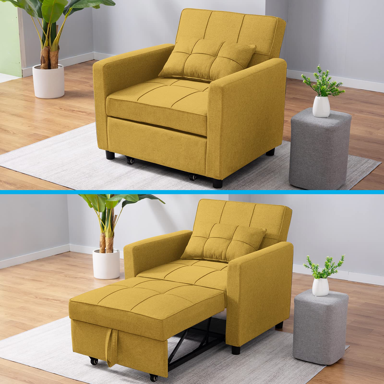 Mjkone 3-in-1 Convertible Sofa Bed - Foldable Pull Out Sleeper Chair with Adjustable Backrest, Multi-Functional Futon for Small Spaces | Perfect for Guest Bed, Living Room Lounging & Home Office (Yellow)