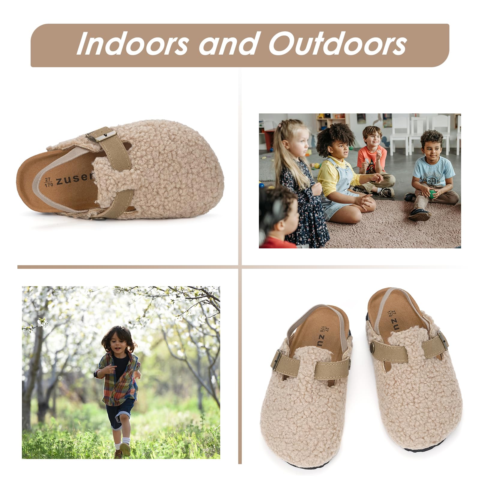 **Toddler Fuzzy Clog Slippers for Boys & Girls - Adjustable Strap, Cork Footbed, Fleece-Lined Mules - Perfect for Indoor Play, Preschool & Cozy Home Wear**
