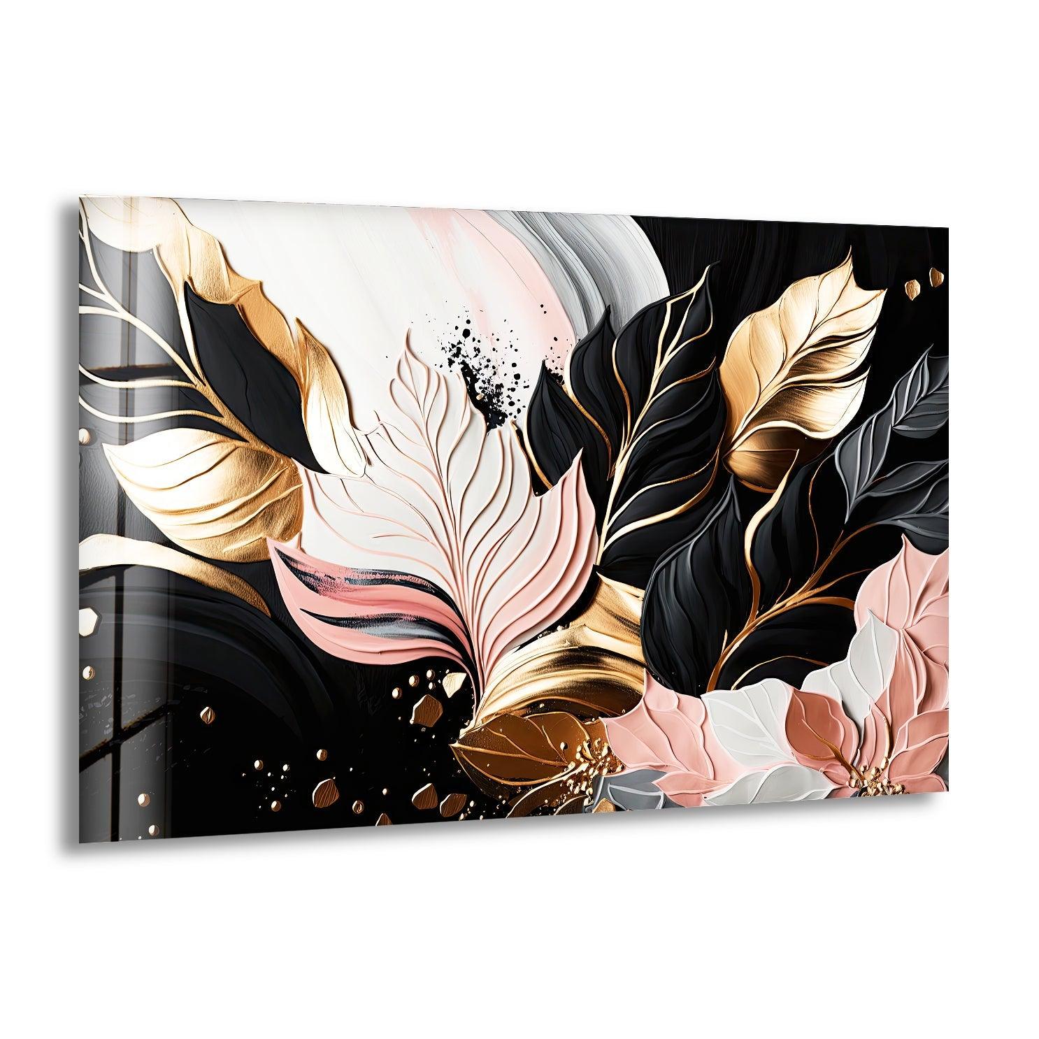 Abstract Pink Gold Leaf Glass Wall Art - Modern Home Decor for Living Room, Bedroom & Office - Elegant Handmade Artwork for Gifts & Interior Design