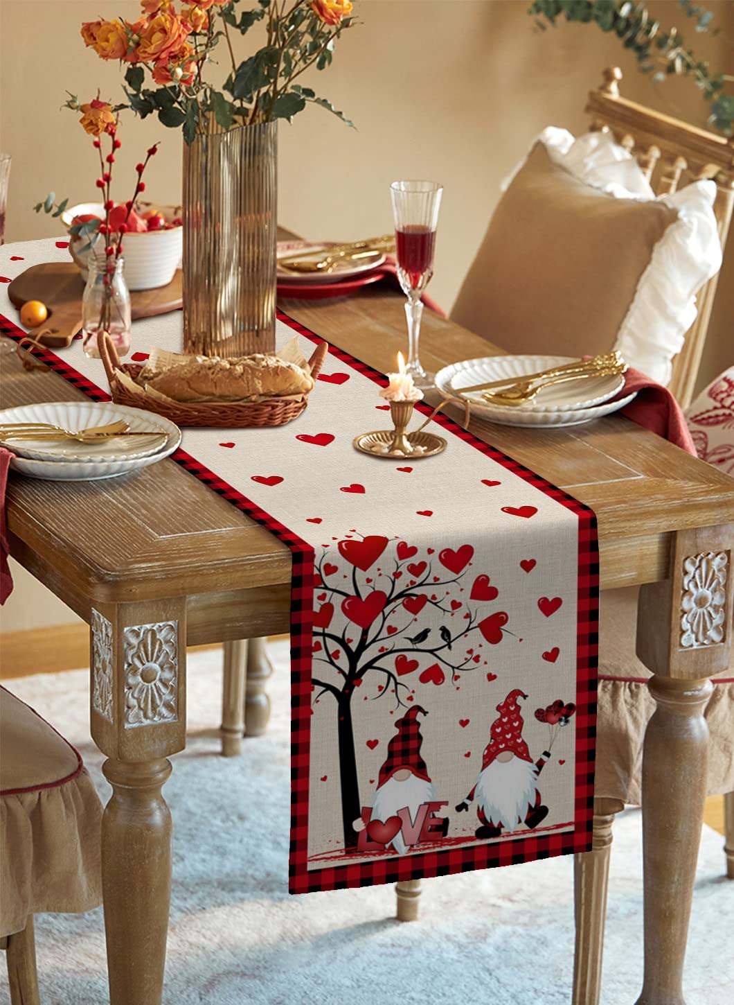 108-inch Valentine's Day Table Runner - Red & Black Buffalo Plaid Kitchen Decor for Coffee Tables, Parties & Home | Romantic Gnome & Love Tree Design | Perfect for Valentine's Dinners, Holiday Gatherings & Festive Home Decor (13x108 inches)