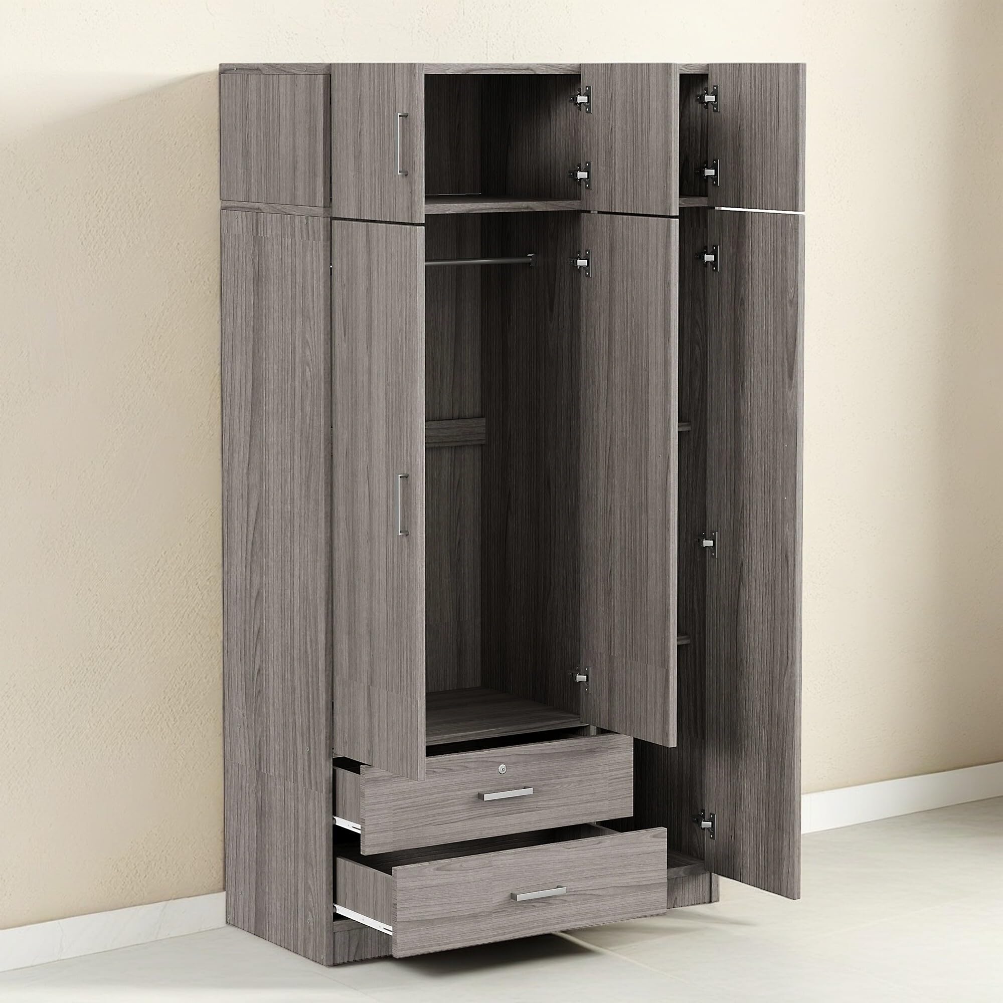 Modern 3-Door Wardrobe with Drawers & Shelves - Freestanding Closet Organizer for Bedroom & Home Storage (Grey)